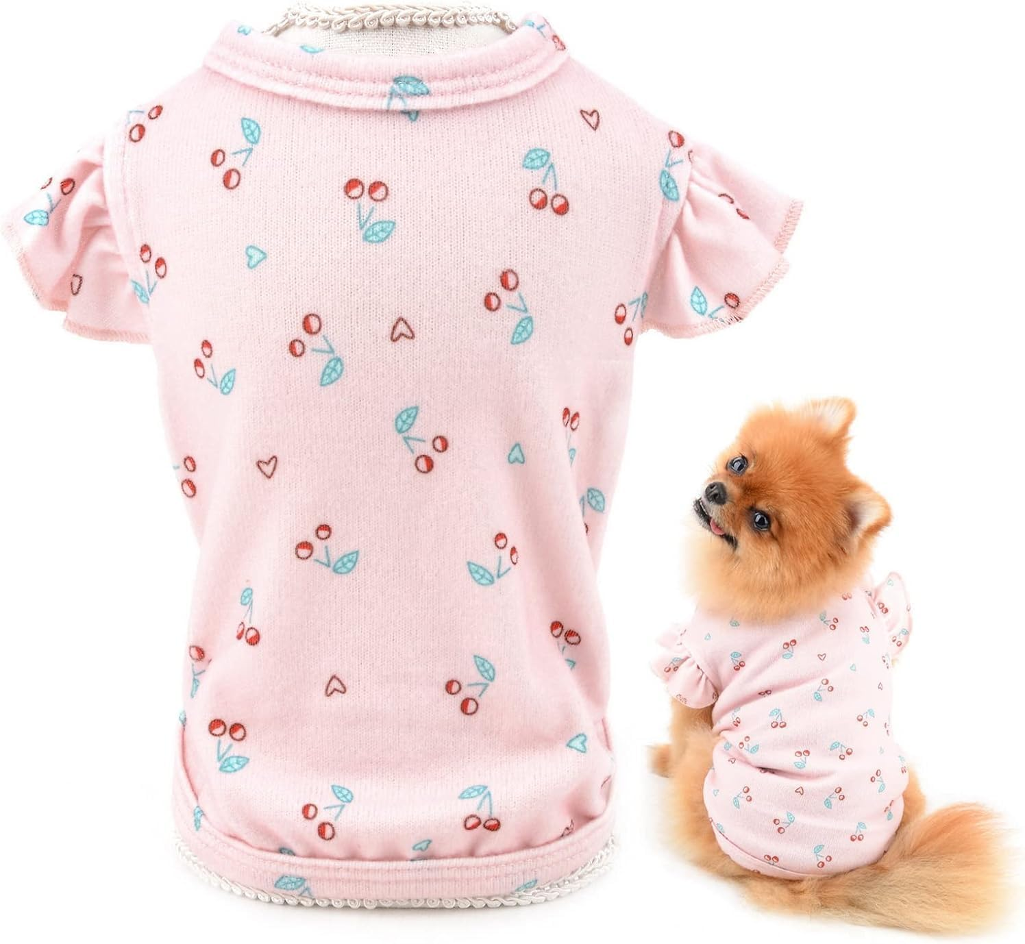 Pet Clothes Cute Cherry T-Shirt Puppy Shirt Tee for Small Medium Dog Cat Ruffles Sleeves Tank Top Vest Summer Apparel (Pink, XL) image number 6