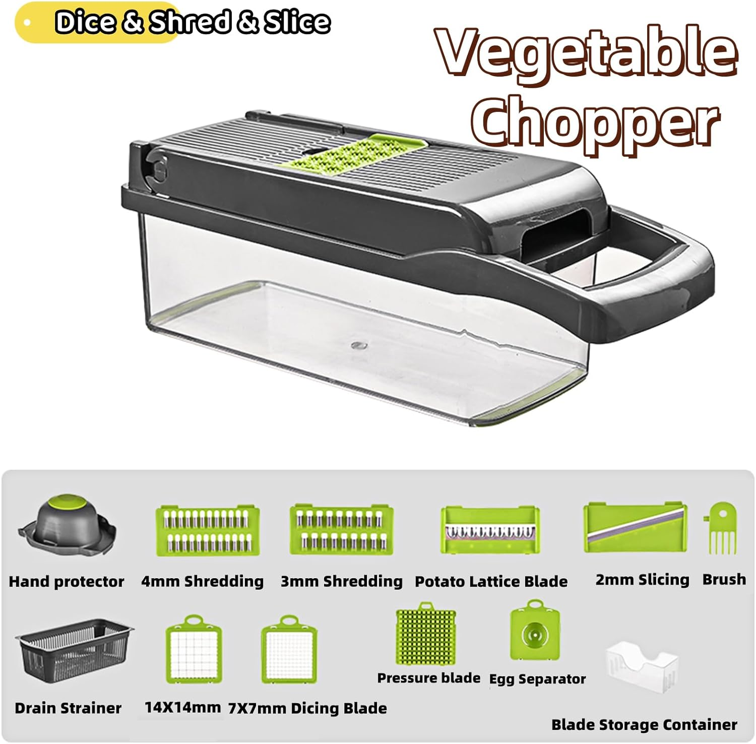 Vegetable Chopper Multifunctional Onion&Carrot Dicer，Potato Slicer Cutter，Pumpkin&Carrot Shreds with Sharp Blades，Egg White Separator and Drainage Basket (Grey Anti-Slip)