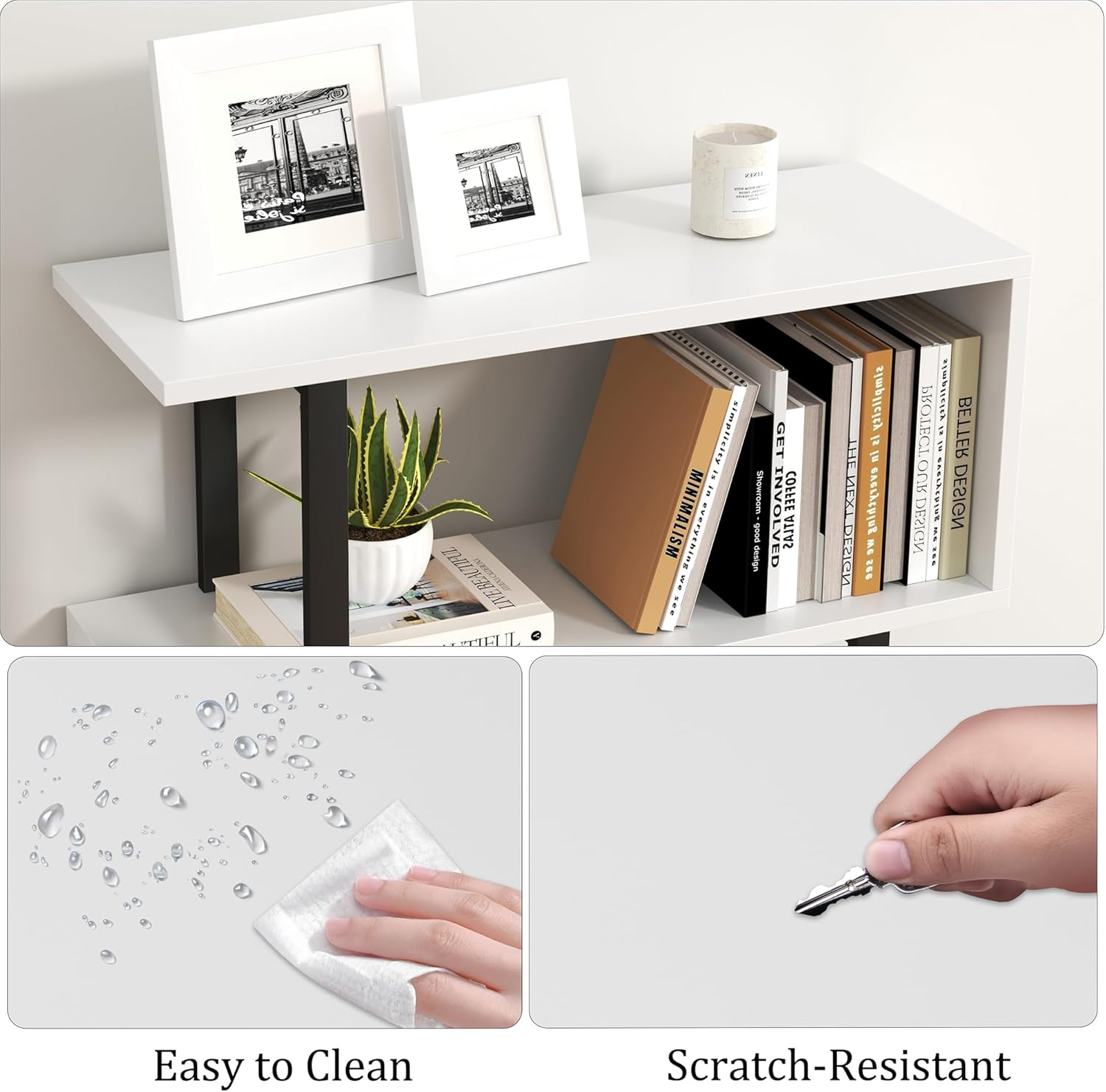 HOMEFORT 5-Tier S-Shaped Bookcase, Geometric Bookshelf for Living Room & Bedroom, Modern Wood & Metal Storage Shelf, Freestanding Display Shelves, Space-Saving Tall Book Shelf White and Black image number 5