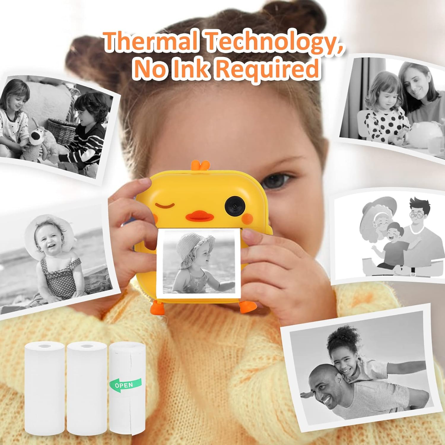 AURTEC Instant Camera for Kids, Mini Thermal Printing Camera, No Ink Required, 48MP Dual Camera,1080P HD Video, 32G TF Card, 3 Print Paper, 2.4 Inch Color Screen, Cute Animal Cartoon Design, Duck