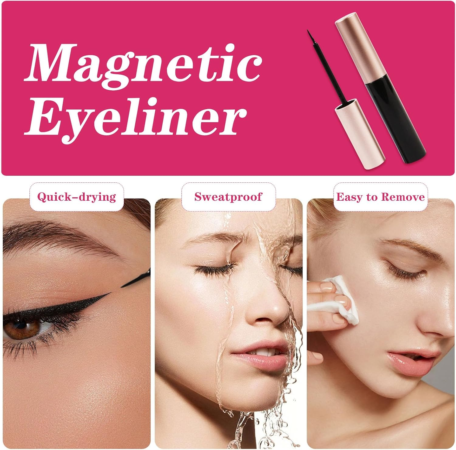 Magnetic Lashes with Applicator & Magnetic Eyeliner Kit - FEITA Reusable 3D 5D Magnetic Eyelashes Pack with 1 Tweezers & Upgraded 4 Tubes Magnetic Eyeliner, No Glue (15 Packs) image number 2