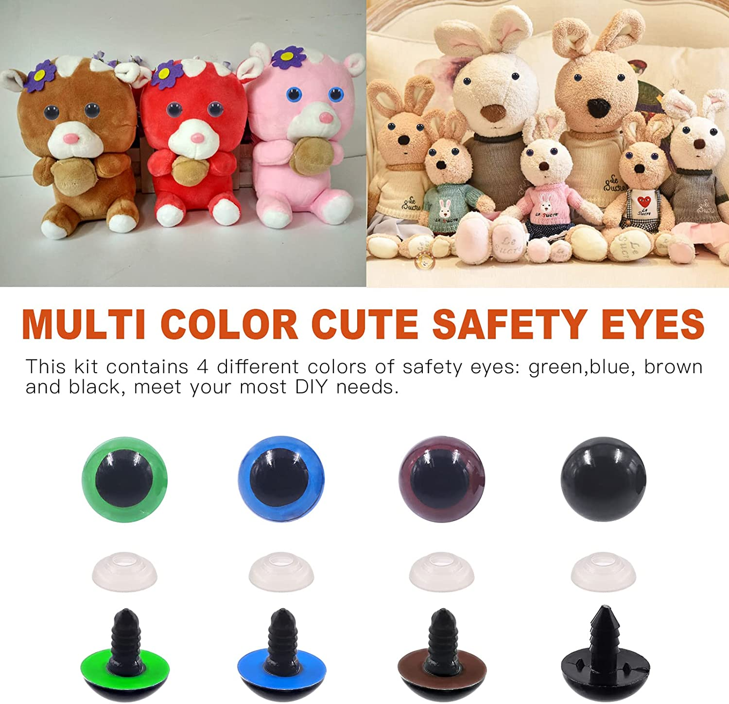 Tanstic 224Pcs Plastic Safety Eyes with Washers 4 Color Craft Doll Eyes for Doll Animal Crafts, Stuffed Crochet Animals (10Mm, 12Mm, 14Mm, 16Mm, 18Mm) image number 6