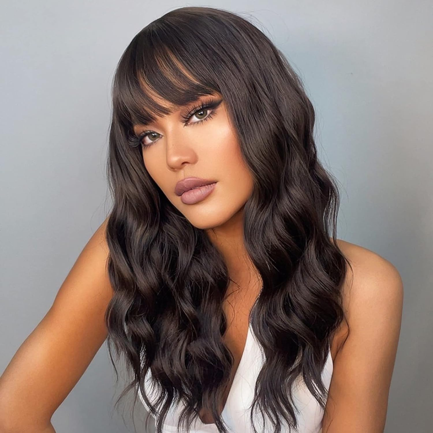 Eacam Long Curling Hair Wigs with Bangs Pastel Wavy Wig Wavy Hair Wig with Hair Net Heat Resistant Synthetic Black Hair Wigs for Women Cosplay Party Daily Use image number 1