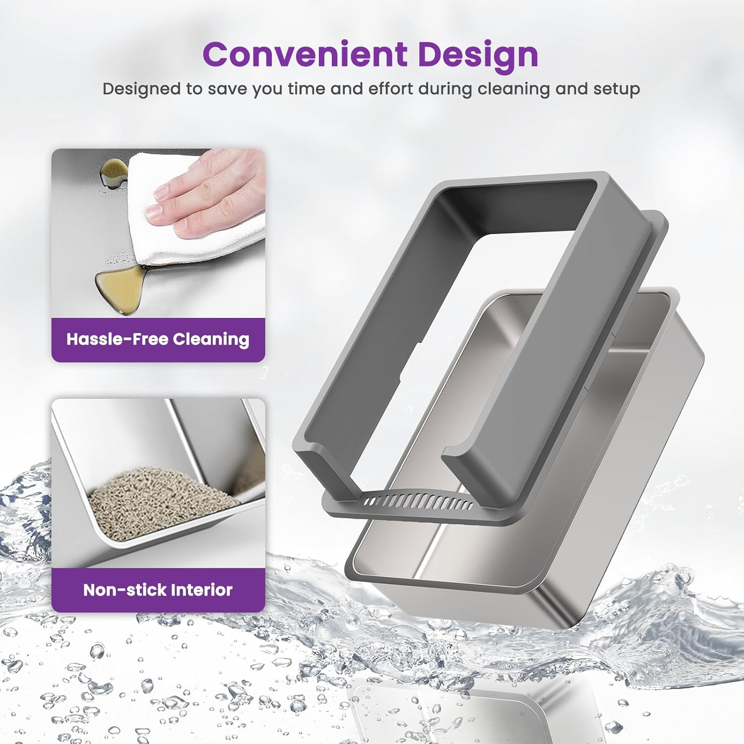 XXXL Stainless Steel Litter Box for Cats, 70 X 50 X 15 Cm Extra Large Metal Litter Box with High Sided Lid, for Big Cats, Multi-Cat Household, Non-Sticky & Easy to Clean image number 2