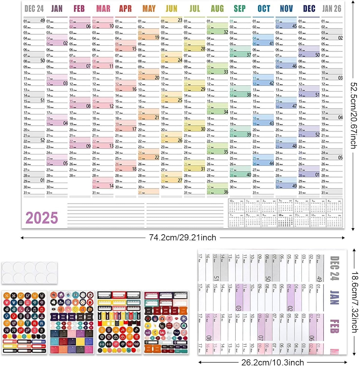 2025 Wall Planner & Yearly Wall Calendar with Colored Stickers, Large Annual Calendar 24"X33" (Open), Foldable Horizontal Poster, 365 Daily Plan Office Home Planner, Blank Paper Chart MRD (Multicolor-M) image number 2