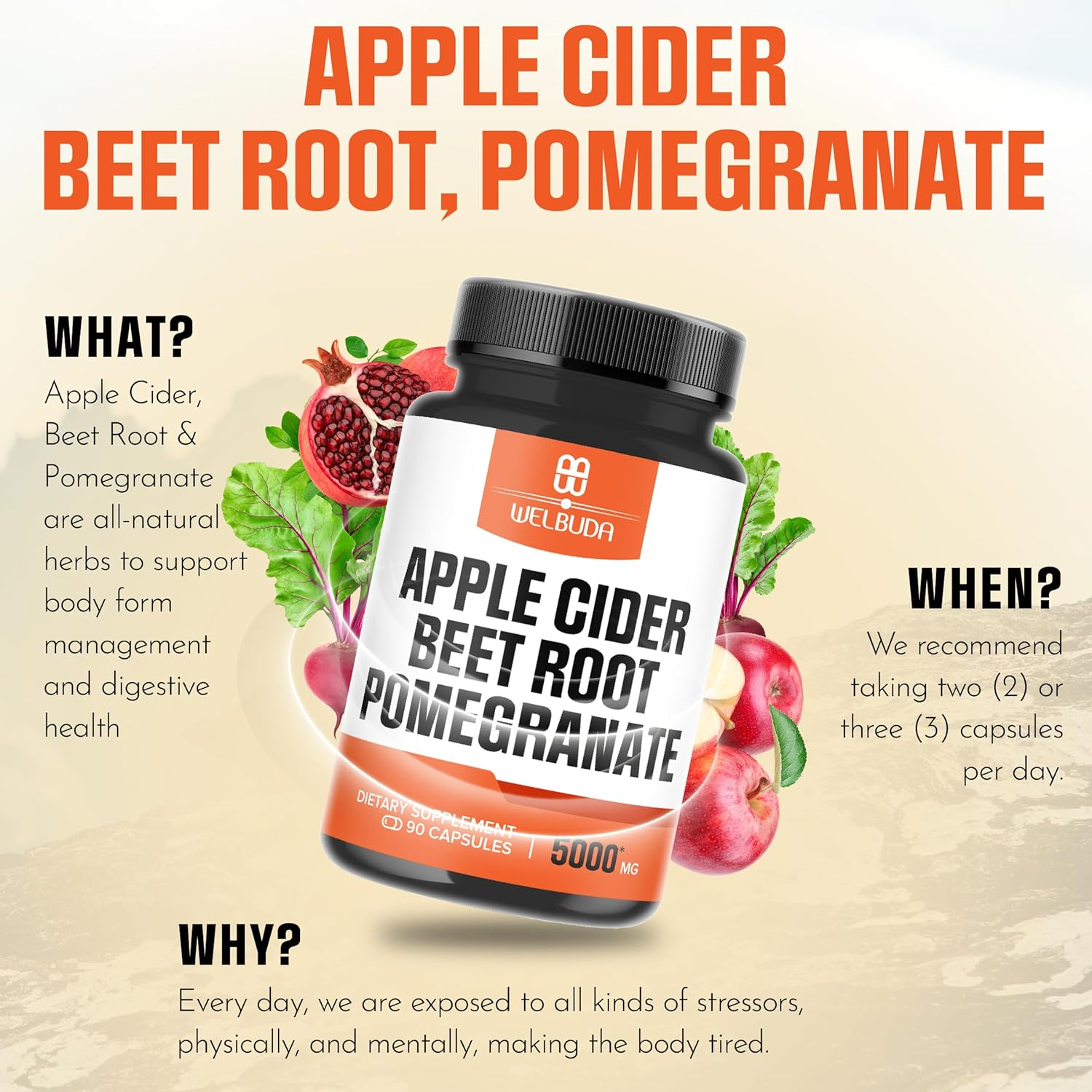 1500Mg Beet Root 2000Mg Apple Cider Vinegar 1500Mg Pomegranate Juice Supplements - 90 Vegan Capsules image number 1