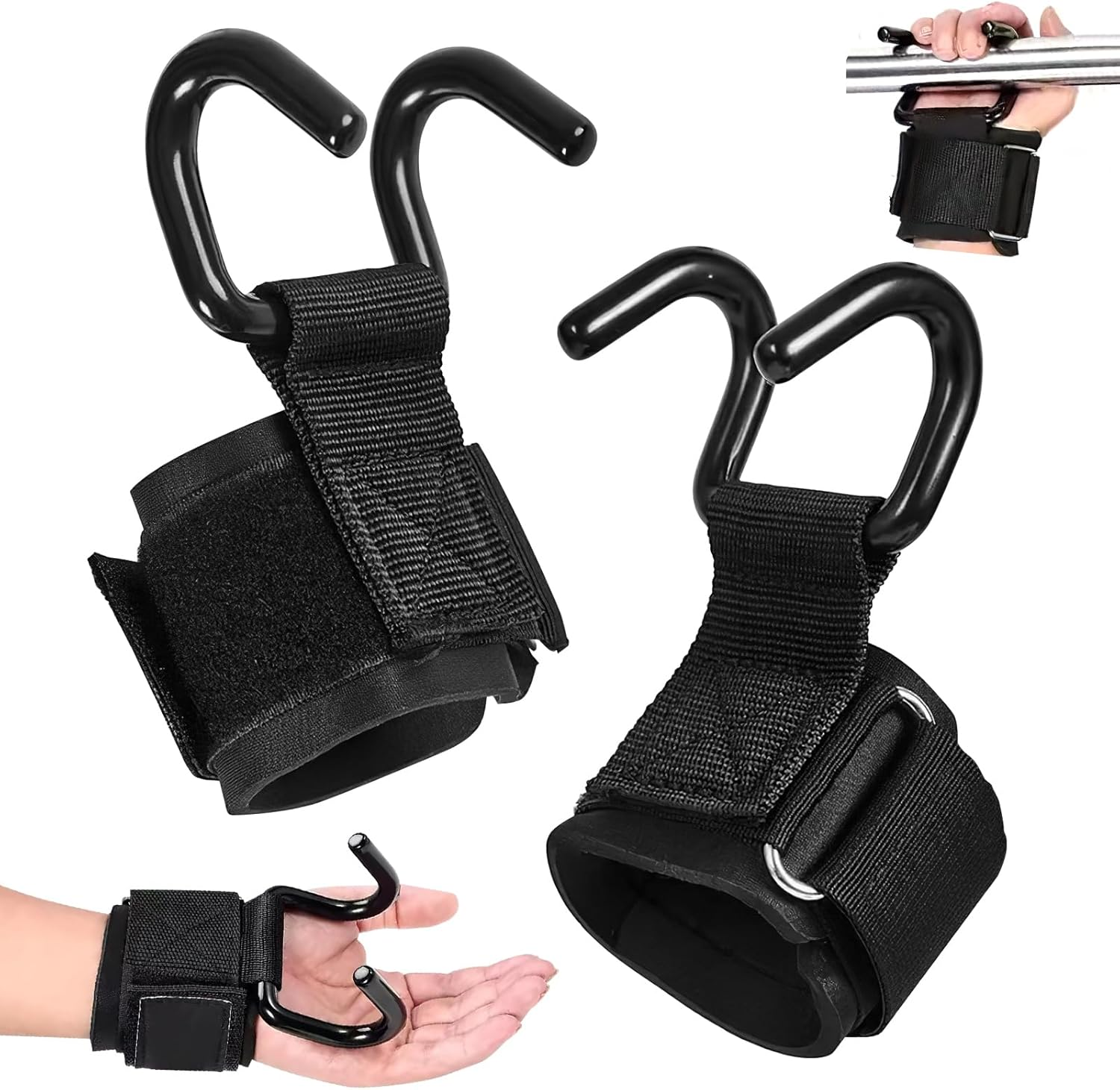 Weight Lifting Hooks,Heavy Duty Lifting Wrist Straps, Weight Lifting Grips,Weight Lifting Straps,Wrist Straps Weightlifting,Adjustable Pull-Up Hooks Straps,Heavy Duty Weight Lifting Steel Hooks image number 3