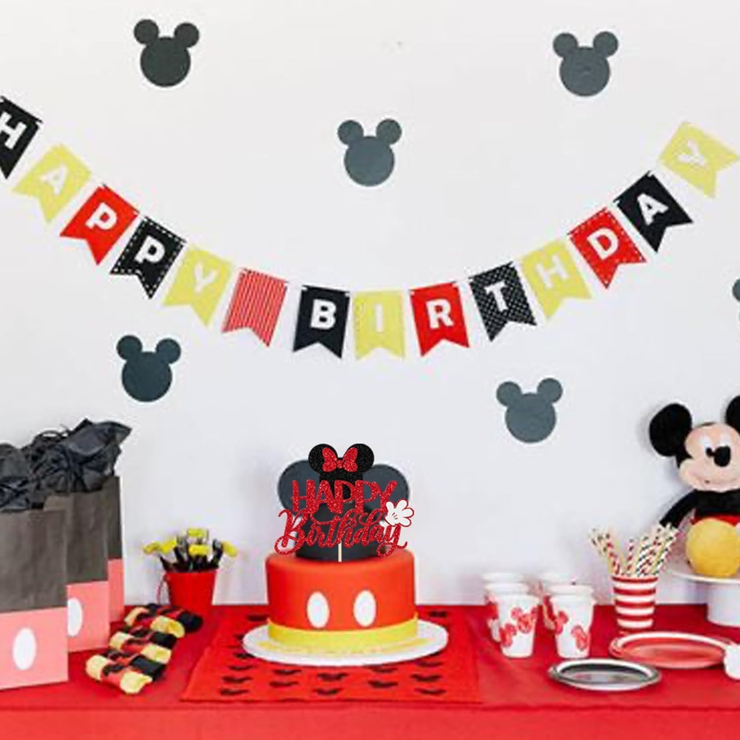 1 Pack Mouse Happy Birthday Cake Toppers Glitter White Gloves Bow Mouse Inspired Birthday Cake Pick for Baby Shower Kids Birthday Party Cake Decorations Supplies (#6) image number 6