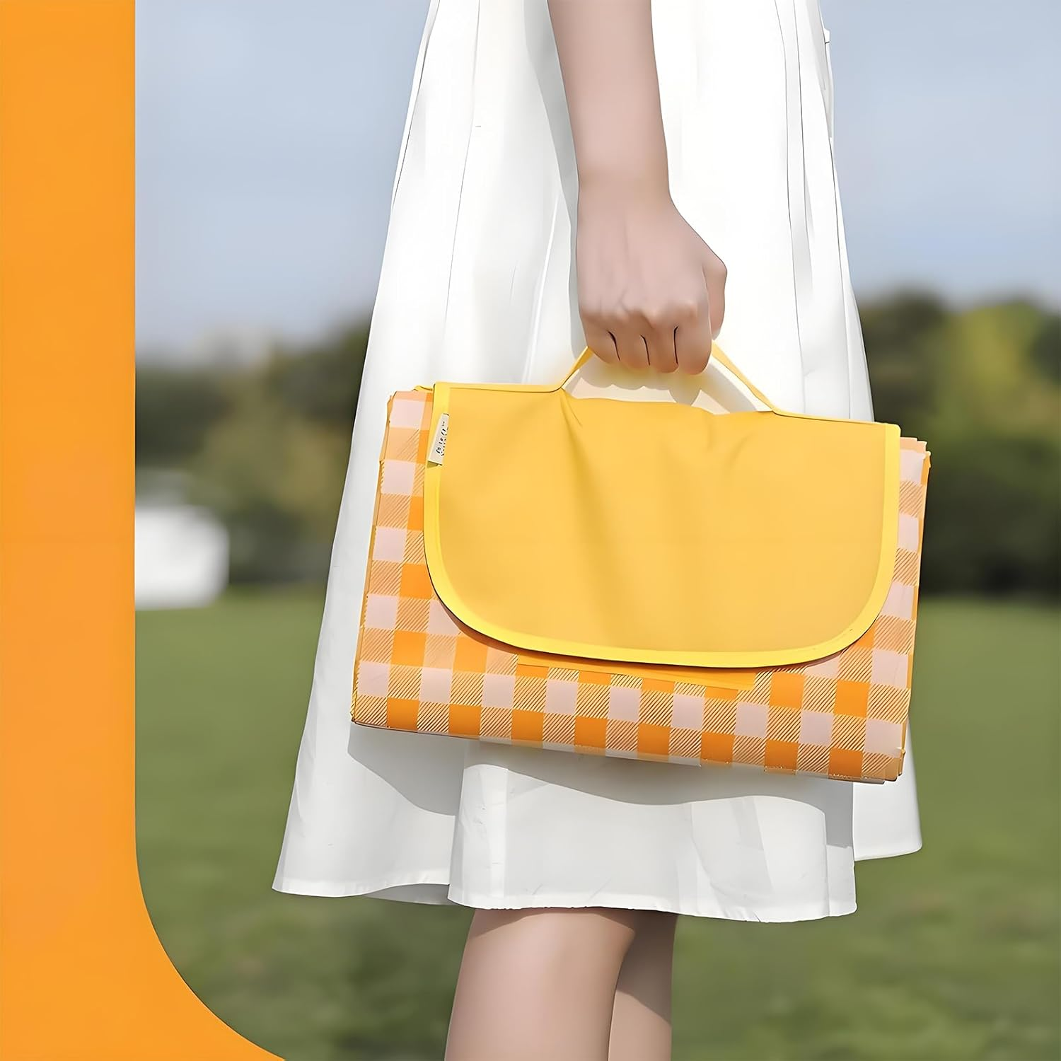 2M X 2M Waterproof Picnic Blanket for Outdoor Camping, Beach Mat with Oxford PE Material - Lightweight, Foldable, Yellow & White Checkered Pattern for Park, Travel, Hiking image number 1