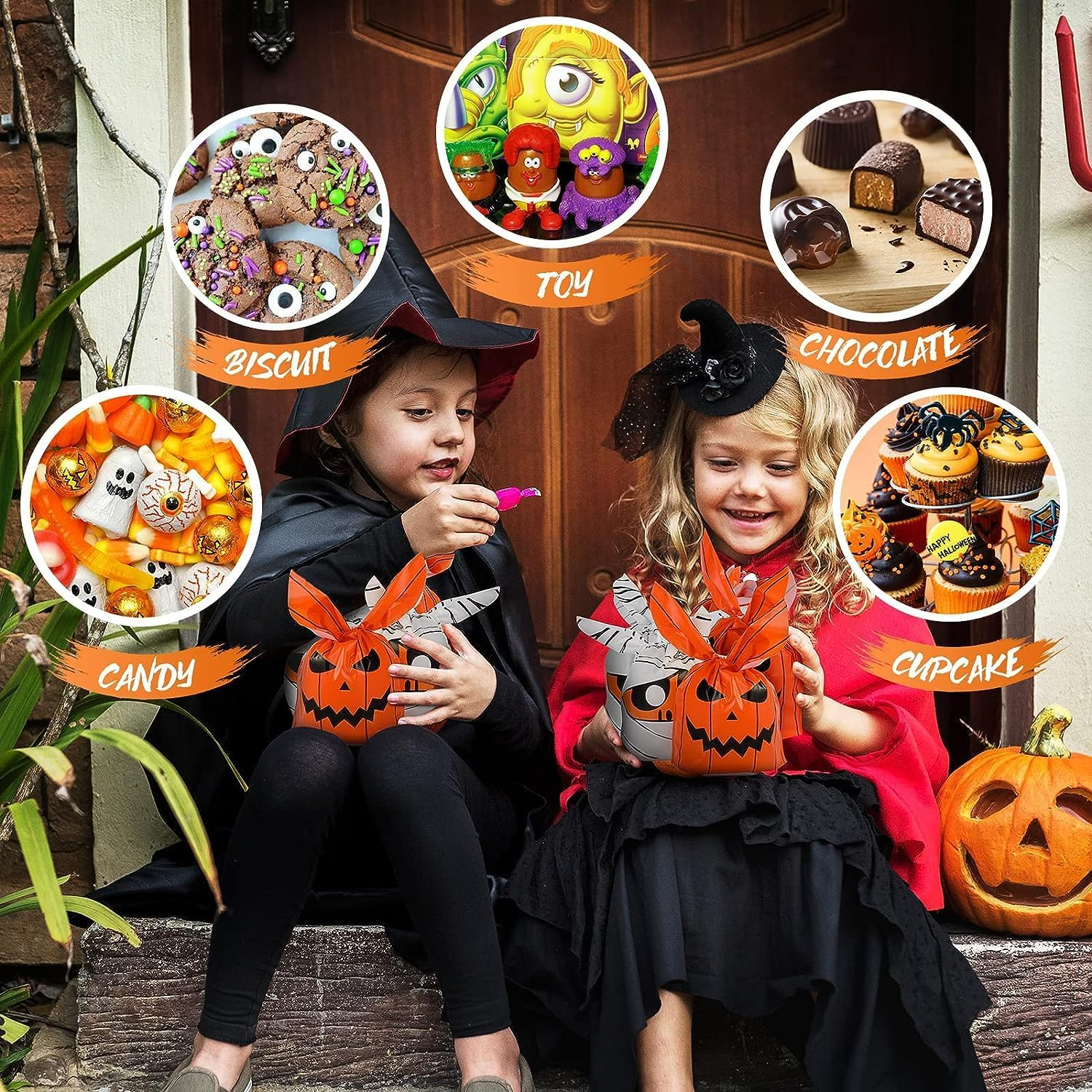 70Pcs Candy Bags for Halloween Party - 7 Designs Plastic Small Goodie Bags for Kids Trick or Treat