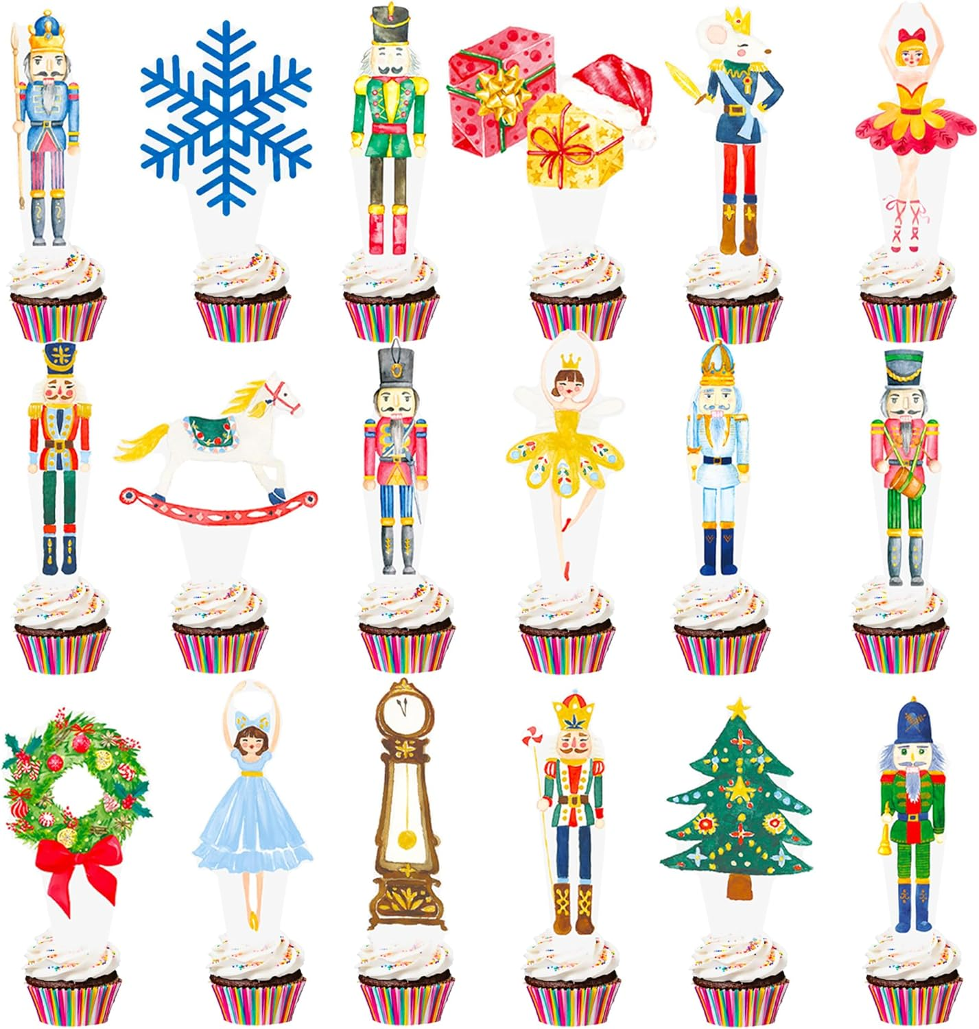 48Pcs Christmas Nutcarcker Party Cupcake Toppers Nutcracker Ballet Cake Toppers Decoration Nutcracker Holiday Cupcake Picks for Merry Christmas Birthday Party Supplies image number 1