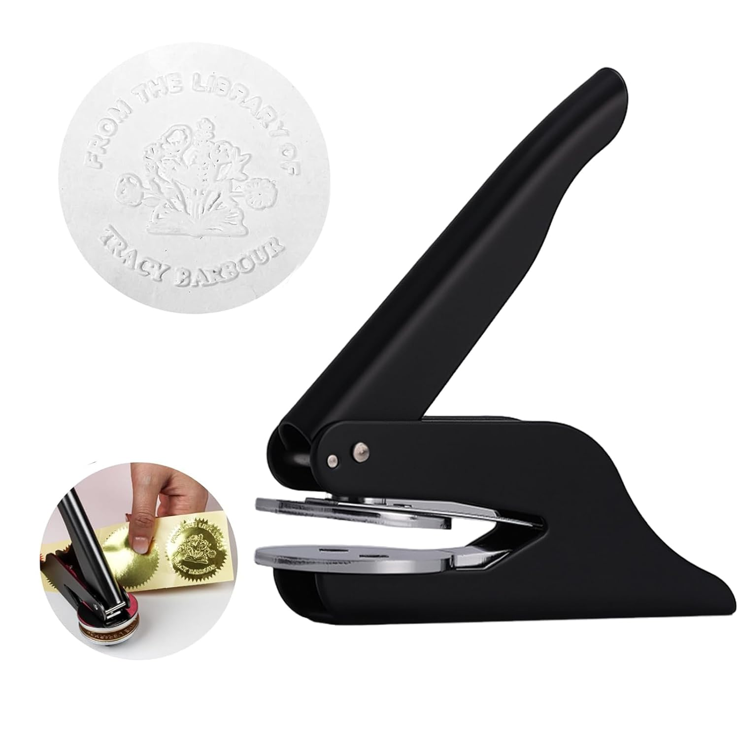 Book Embosser Personalised, Book Embosser for 40MM Diameter Stamp with 10 Stickers | for Books Lover Gift, Wedding, Envelopes,Stamps(Sliver) ﻿