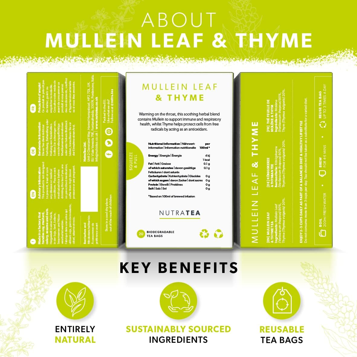 Nutratea Mullein Leaf & Thyme Tea | Mullein Leaf Tea - Soothing Blend to Support Respiratory Health. Teabags for Lungs & Throat - 20 Individaully Wrapped Bags - Herbal Tea (1 Pack) image number 5