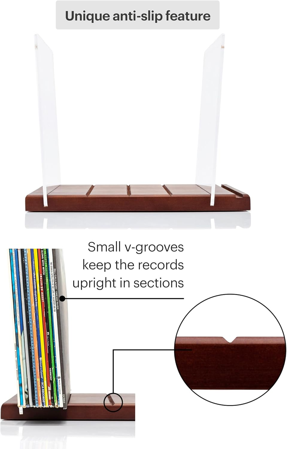 Premium Vinyl Record Storage - a Mid-Century Style Record Holder, 50 LP Capacity - with a Now-Playing Record Display Groove (Brown) image number 5