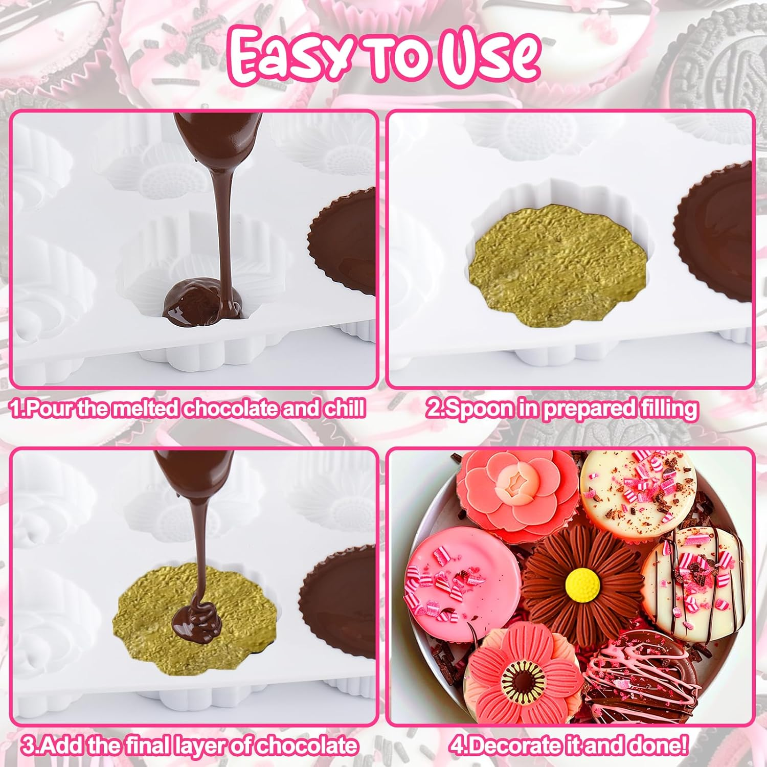 BABORUI 12 Cavities Chocolate Mold - Deep, round Flower Silicone Mold for Knafeh, Pistachio Chocolate, Covered Cookie, Cake Pucks, Candy Bars image number 2