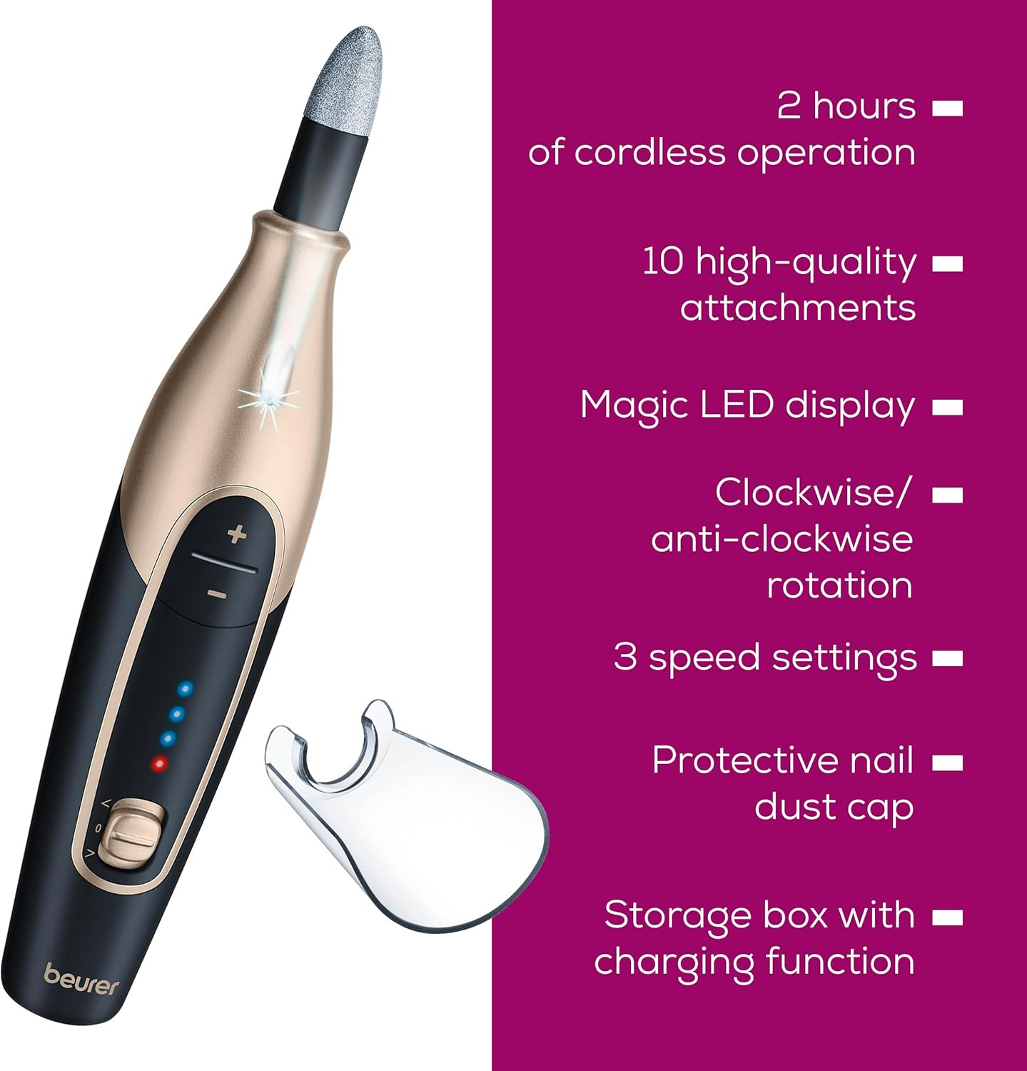 Beurer MP 84 Special Edition Manicure Pedicure Set Electric Nail File with Battery 10 Tips LED Light with Storage Case up to 4400 RPM Nail Cutter for Hand and Foot Care Black image number 4