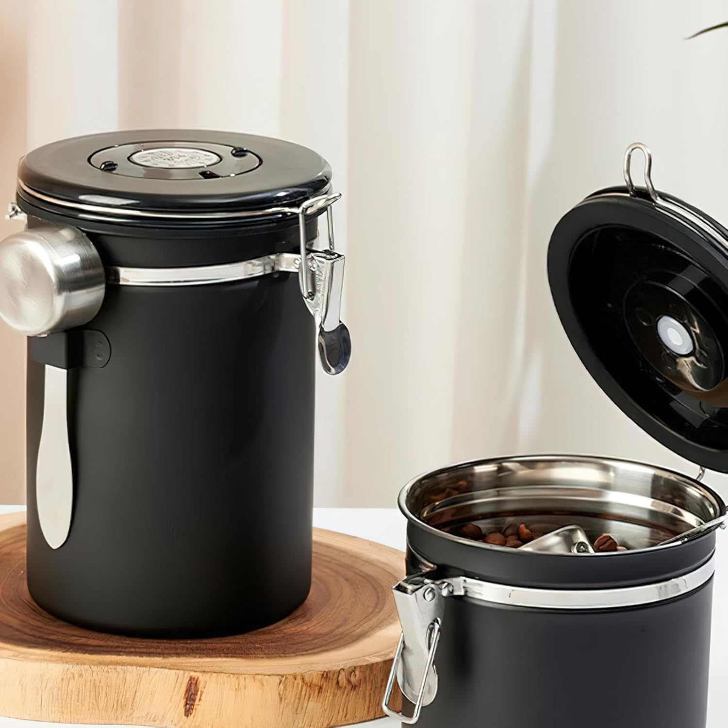 1.8L/60Oz Large Stainless Steel Coffee Canister，With Airtight Seal BPA Free Silicone Lid for Fresh Coffee Bean Storage Coffee Container Includes Coffee Spoon Ideal for Tea Sugar and Grains（Black） image number 2