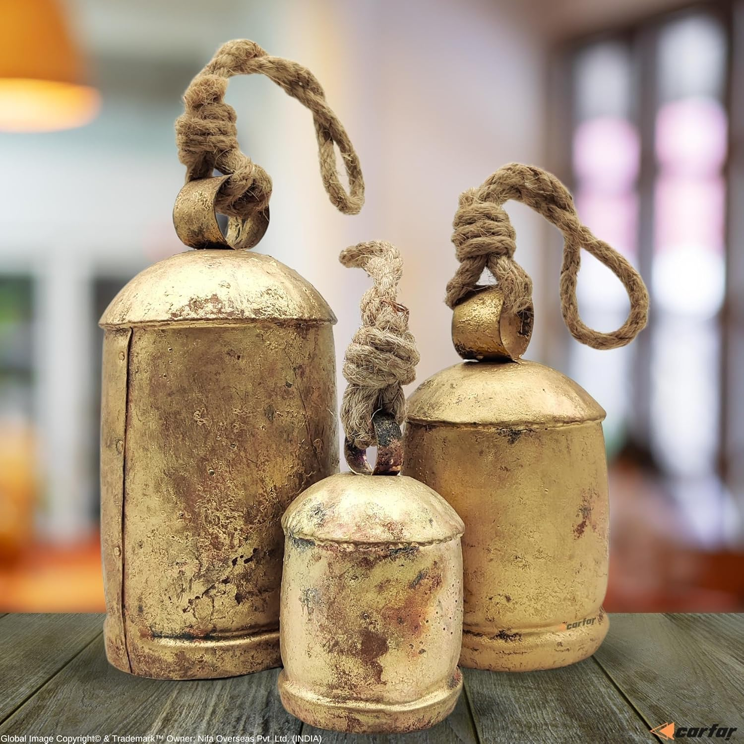 Handicrafts Vintage Rustic Metal Harmony Cow Bells Set of 3 Huge Rustic Christmas Handmade Bells on Jute Rope image number 2