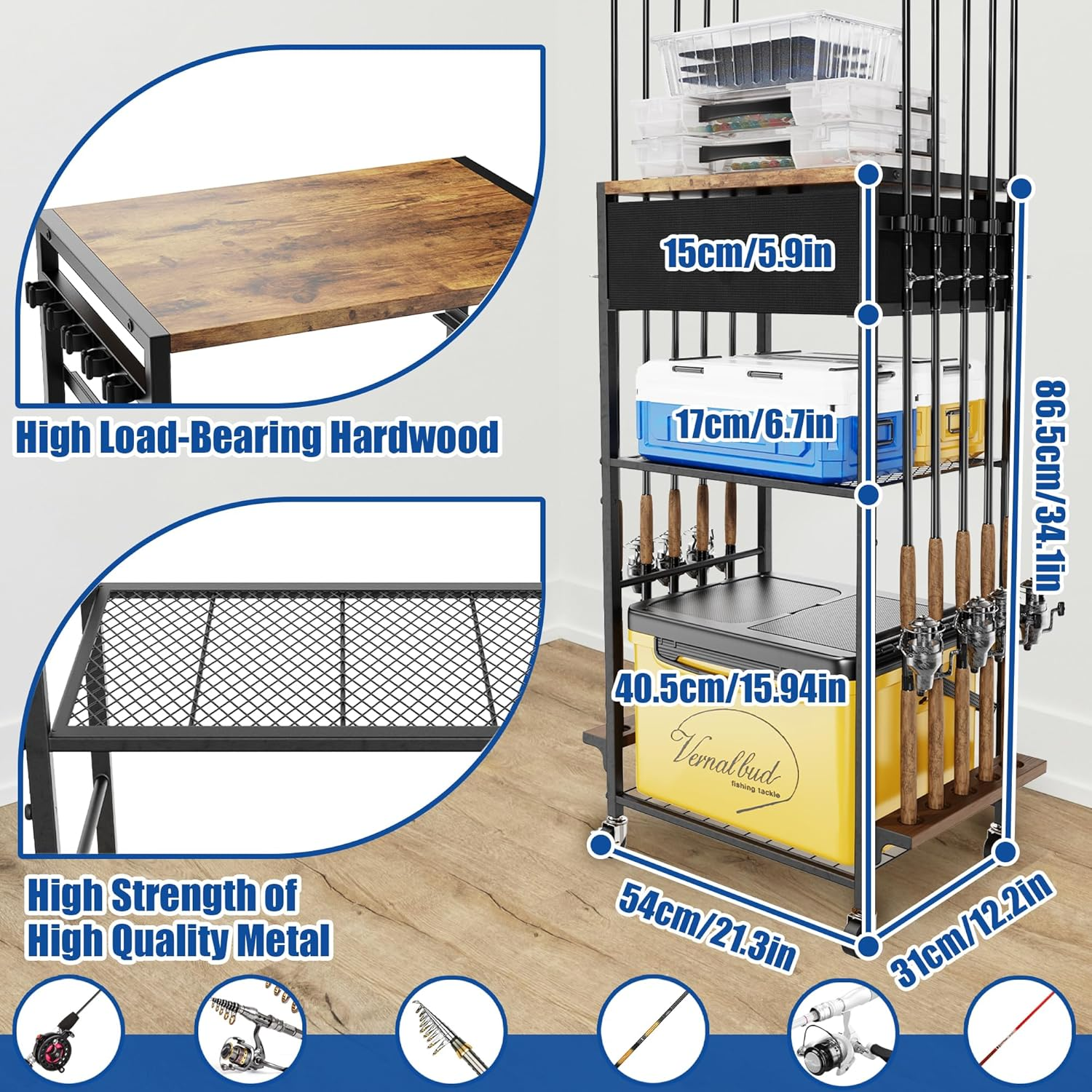 Fishing Rod Holders for Garage Holds up to 10 Rods, 360 Degree Rotating Fishing Pole Holder, Tackle Storage Cart Fishing Gear and Equipment Organizers, Fishing Gifts for Men Women (Black) image number 2