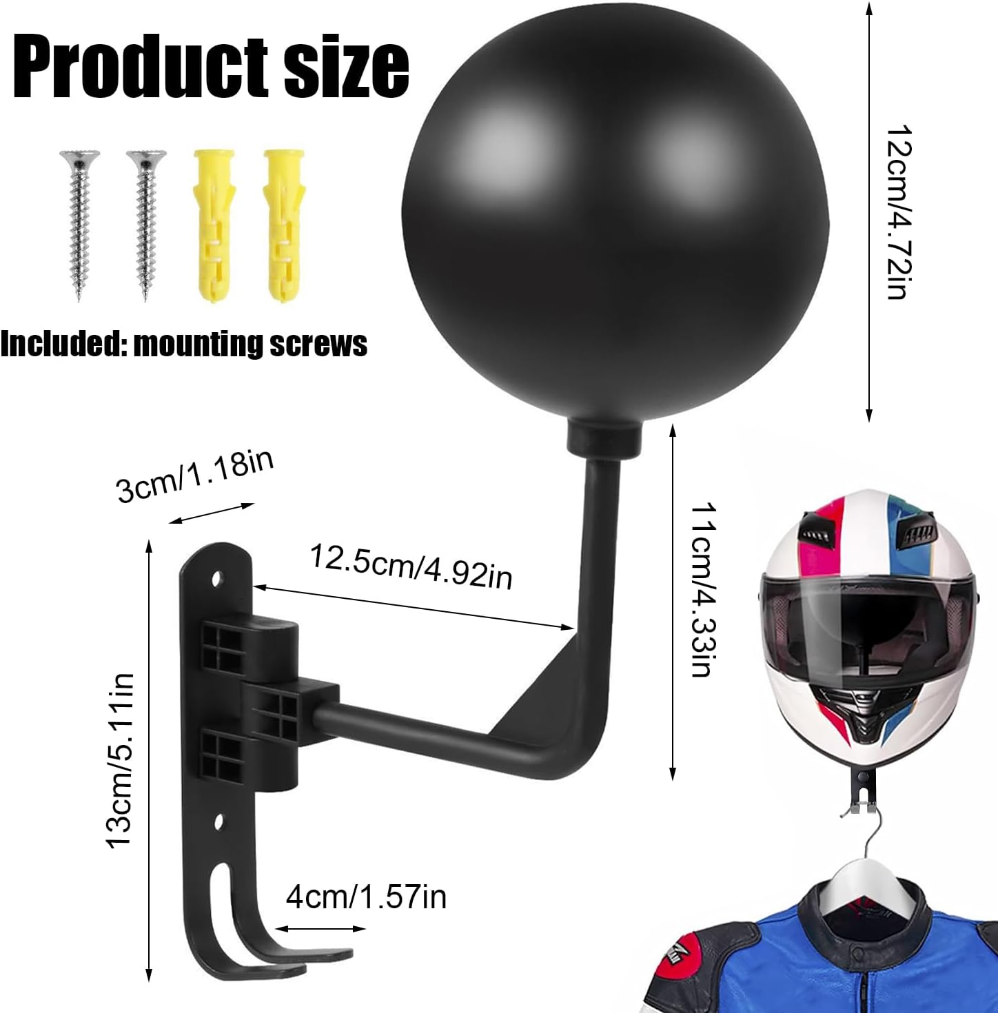 180&deg; Motorcycle Helmet Rack, Helmet Storage Hook, Rotatable, Metal Wall Mount. Helmet Holder Bike, Suitable for Motorcycle Bicycle Helmets, Hats, Baseball, Football Helmets image number 5
