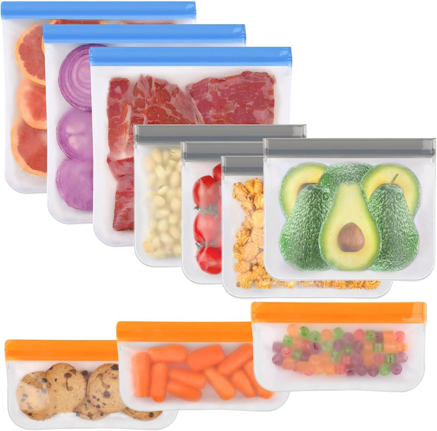 10 Pack Reusable Food Storage Bags, BPA Free PEVA Reusable Freezer Bags, Extra Thick & Leakproof, Silicone Bag with Zipper, 3 Sizes for Marinate Meats, Sandwich, Snack, Cereal, Travel Item image number 6