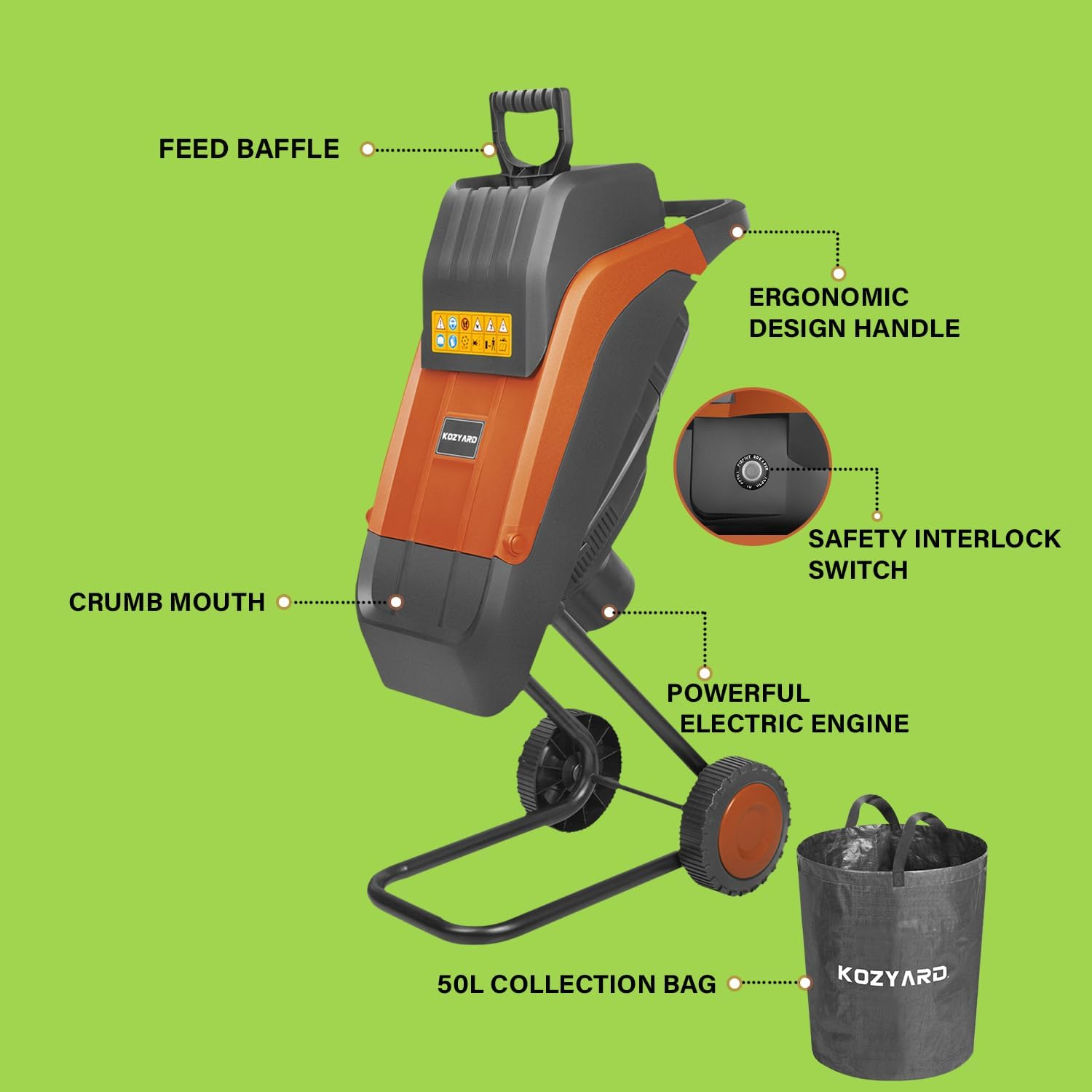 KOZYARD 2400W Electric Wood Chipper Powerful Garden Leaf Tree Branch Shredder Multi-Purpose Branch Shredder Mulcher Max Cutting Diameter 45Mm, W/ 50L Collection Bag & Feed Baffle image number 1