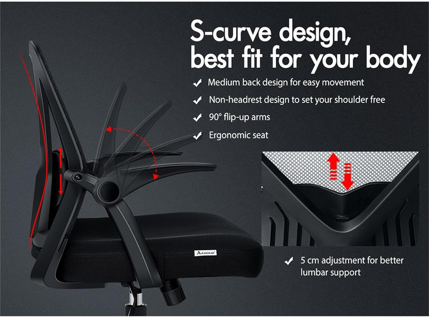 ALFORDSON Mesh Office Chair with Tilt and Height Adjustment, Mid-Back Executive Swivel Fabric Chair with Lumbar Support & Flip-Up Armrest, Gaming Racing Computer Desk Chair for Home Office, All Black image number 4