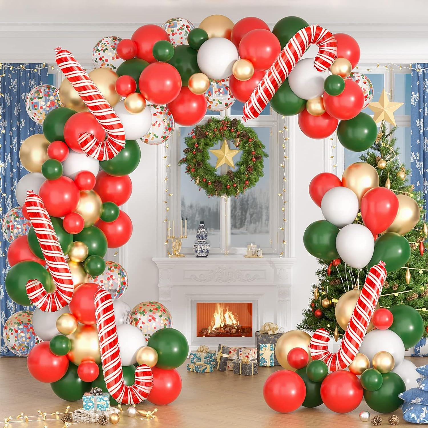 Christmas Decoration,Zanzer Christmas Balloon Garland Arch Kit - 105 Pcs Red Green Gold and White Balloons with Candy Cane Balloons for Xmas Party Decorations