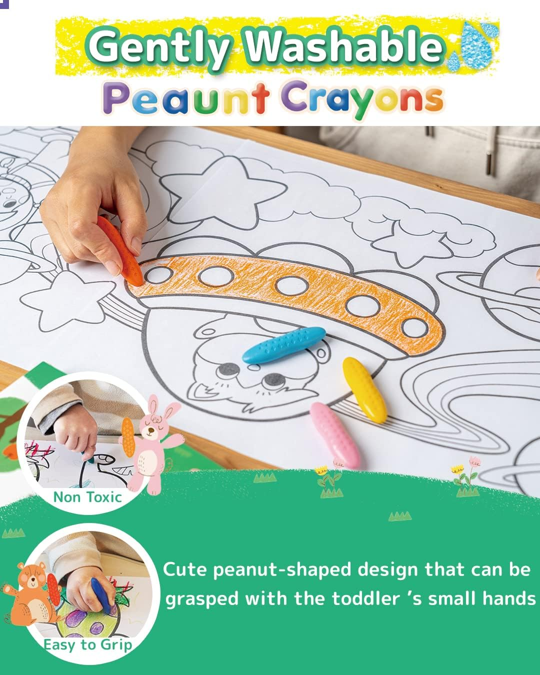 Peanut Crayons for Kids, 24 Colors Washable Toddler, Non-Toxic Baby Art Supplies for Ages 1-8, Coloring Set image number 2