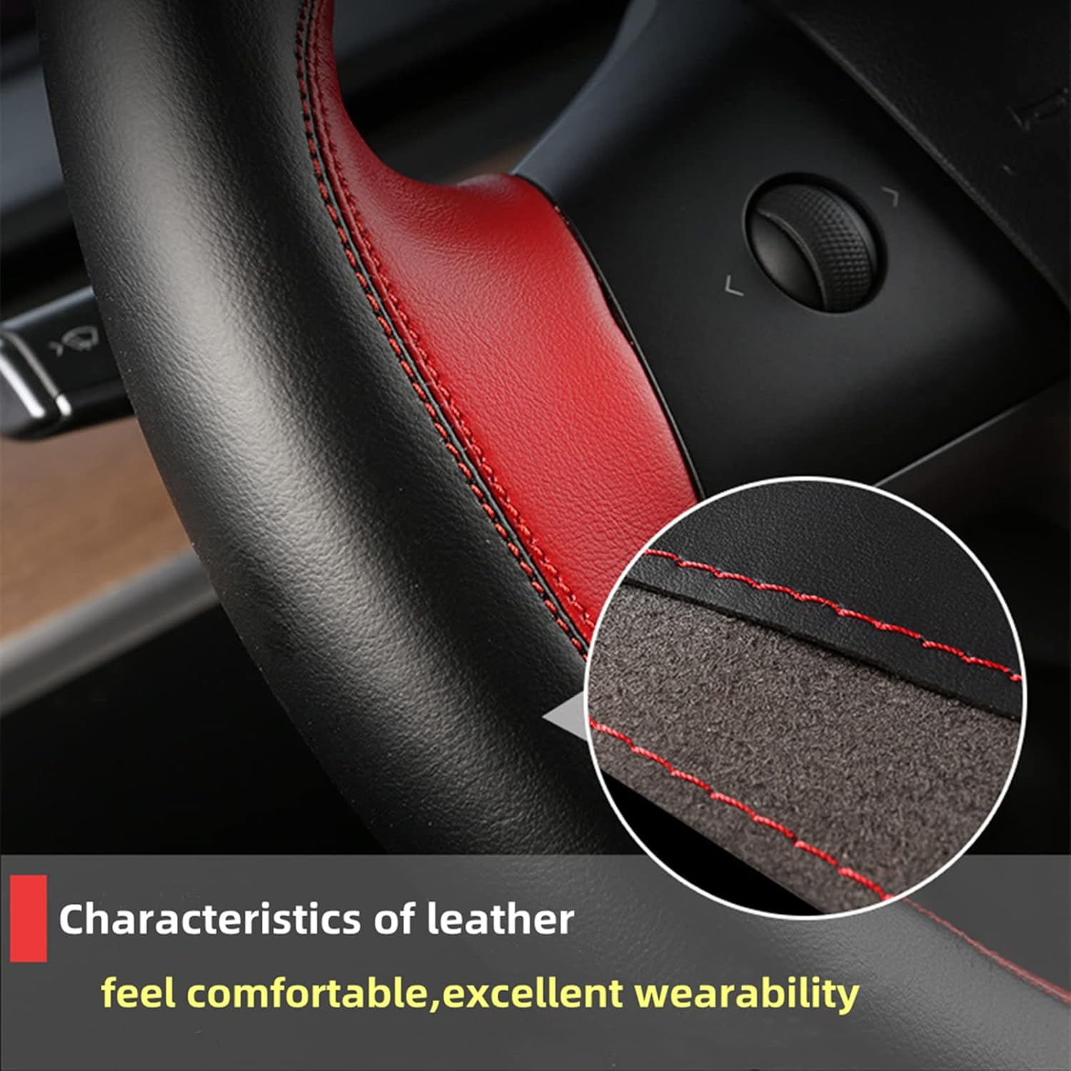 Tesla Steering Wheel Cover Microfiber Leather Hand-Stitched for Tesla Model 3/Model Y (Black-Pink) image number 1
