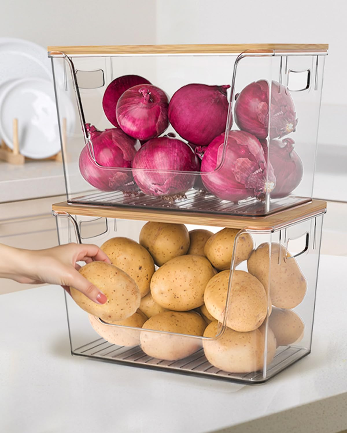 Pack of 4 Potato and Onion Storage, Stackable Pantry Organizers and Storage, Clear Fruit and Vegetable Storage with Bamboo Lid, for Produce Such as Potatoes, Onions, Fruit and Vegetable Storage image number 4