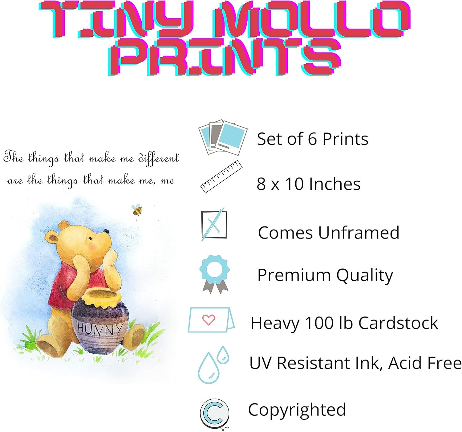 Tinymollo Winnie the Pooh Wall Decor &ndash; Unframed Set of 6 Prints, 8X10 Inch, Hand Painted Nursery Wall Decor for Boys and Girls, Kids, Baby&rsquo;S Nursery Decor Playroom Classic Pooh Bear Friends Piglet image number 3