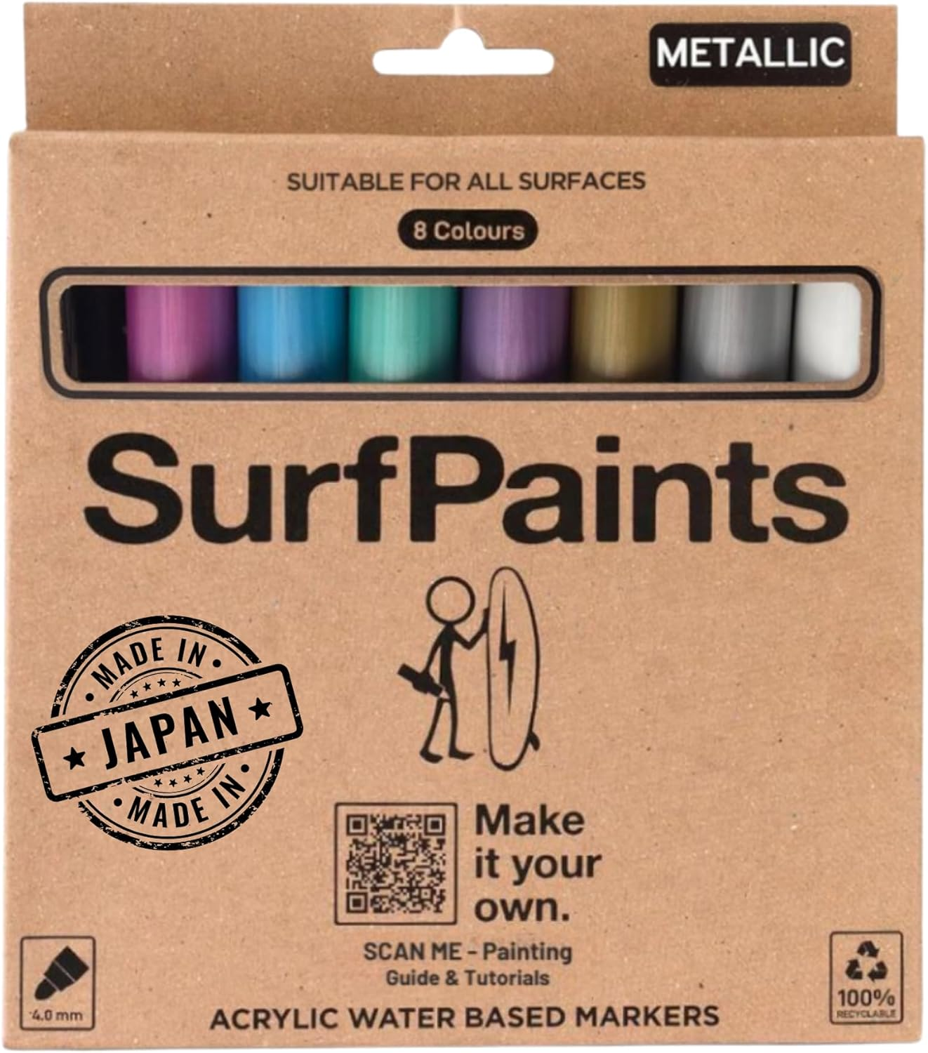 Surfpaints Metallic Acrylic Paint Pens &ndash; Vibrant 8-Colour Set for Rock, Wood, Glass, Ceramic, Surfboards & DIY Art &ndash; Waterproof, Uv-Resistant, Non-Toxic Permanent Paint Markers &ndash; 4Mm Tip image number 1