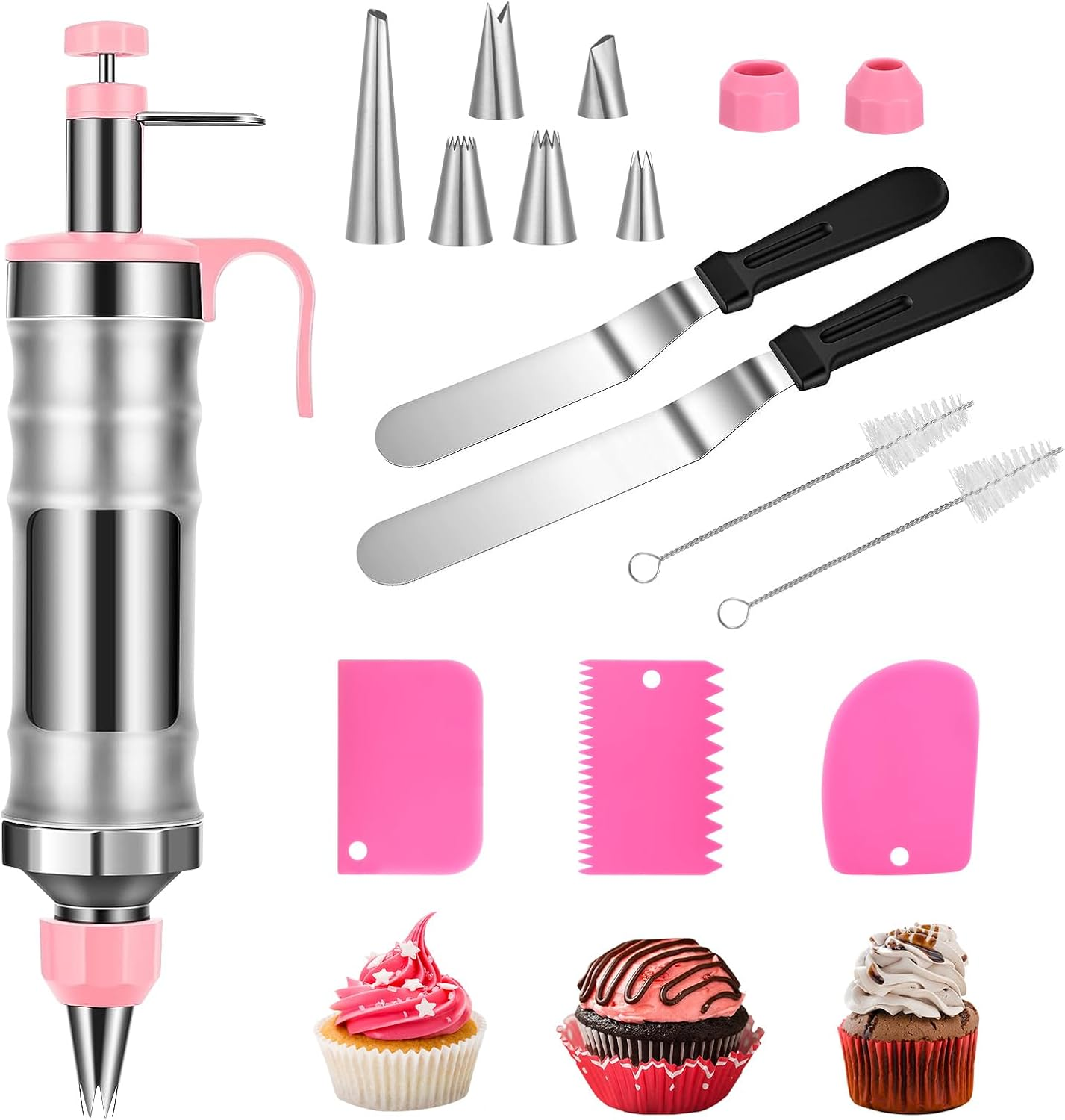 Icing Decoration Gun Set, Stainless Steel Dessert Decorating Syringe Set, Cupcake Frosting Filling Injector with 6 Icing Nozzles, 3 Cream Scraper, 2 Offset Spatula, 2 Nozzle Brush for Kitchen Baking image number 6