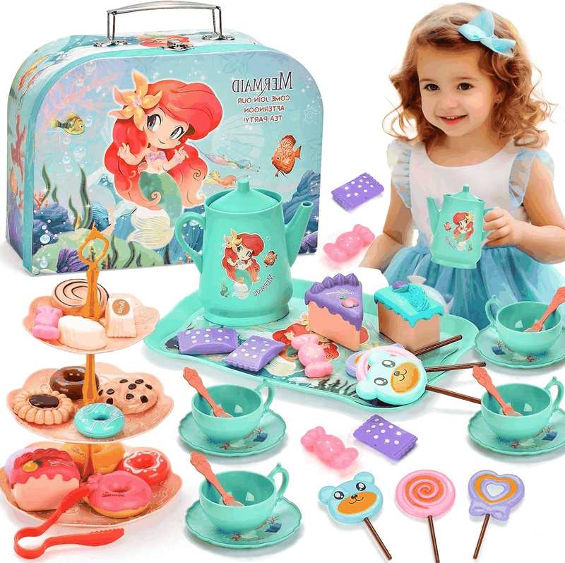 Mermaid Tea Party Set for Little Girls, 44PCS Food Sweet Treats Playset for Princess Tea Time Play Kitchen Toys Birthday Gifts for Age 3 4 5 6 Year Old Girls,Pretend Tin Teapot, Cups, Plates