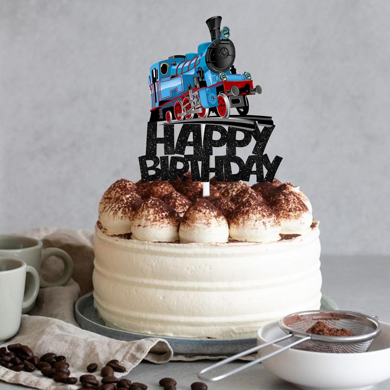Black Glitter Happy Birthday Cake Topper Cheer to Transportation Train Railroad Crossing Theme Decor Supplies Baby Shower Children Boys Girls Happy Birthday Party Decorations image number 1