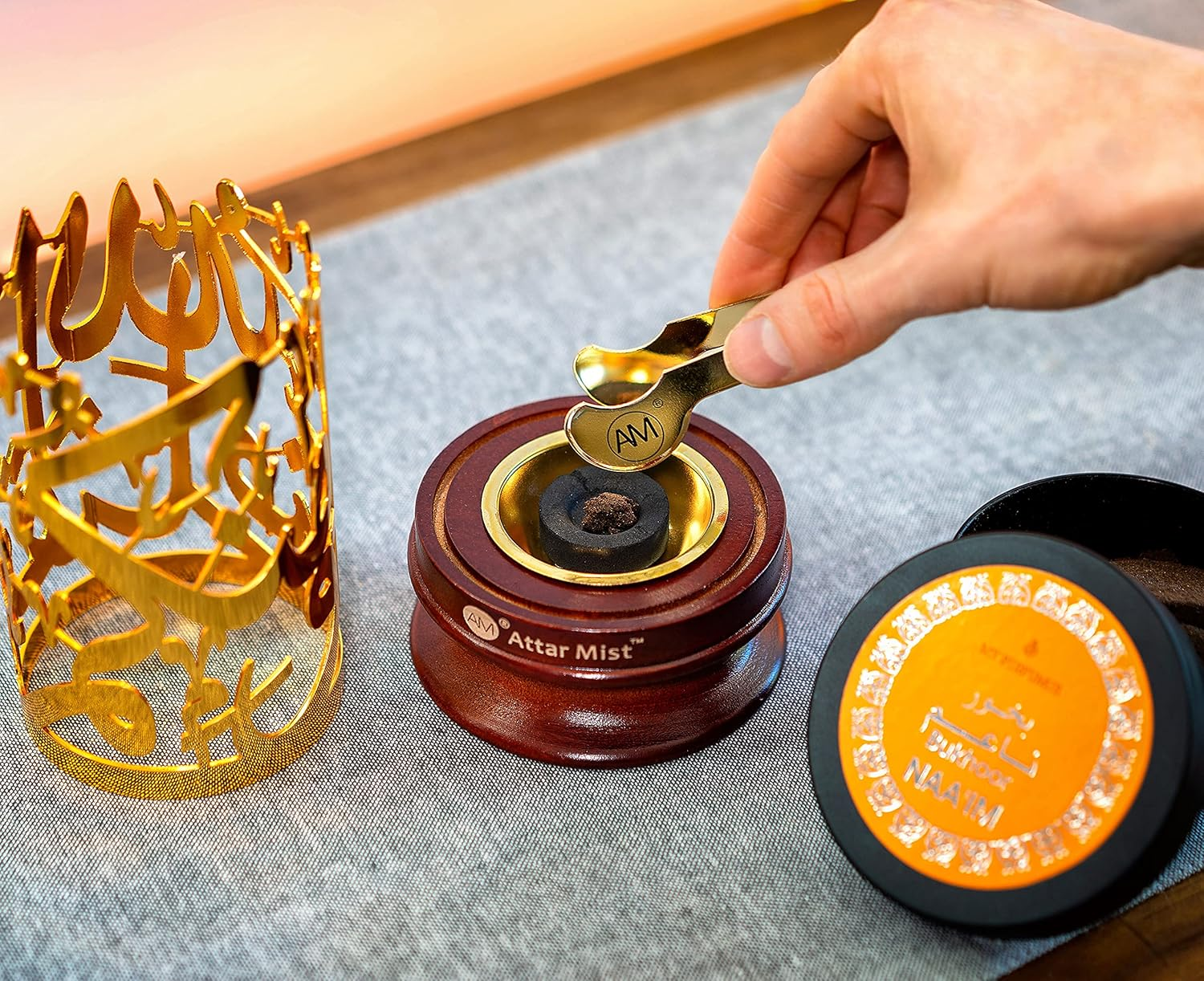 AM Bakhoor Calligraphy Incense Burner - Metalic Resin Cone Holder | Wooden Base | Frankincense Charcoal Burner (Mabkhara) | Spiritual Gifts for Office & Home Decor (Gold) image number 5