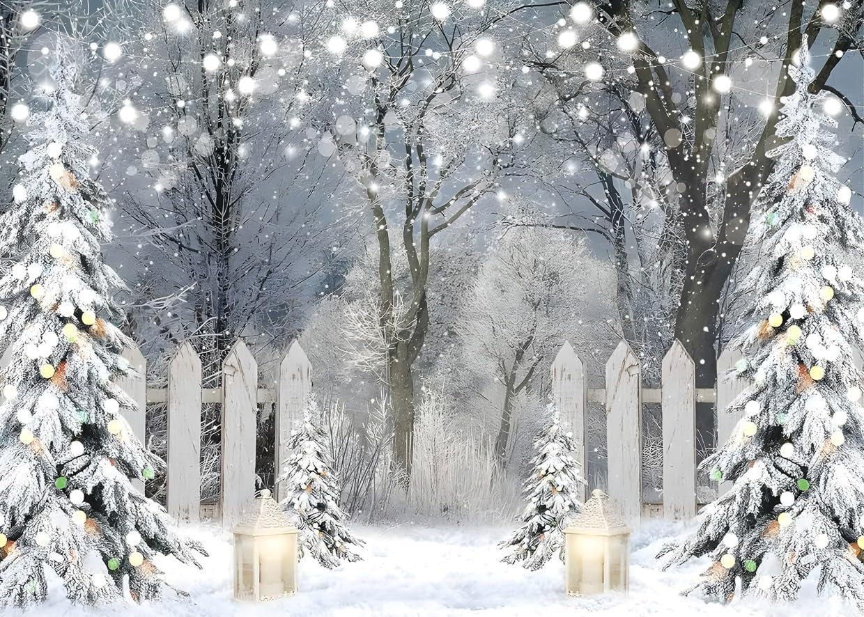 AIIKES 8X6FT Winter Photography Backdrop Glitter White Snow Forest Pine Tree Backdrop Christmas Holiday Party Decor Banner Kids Portrait Photo Studio Props 12-621