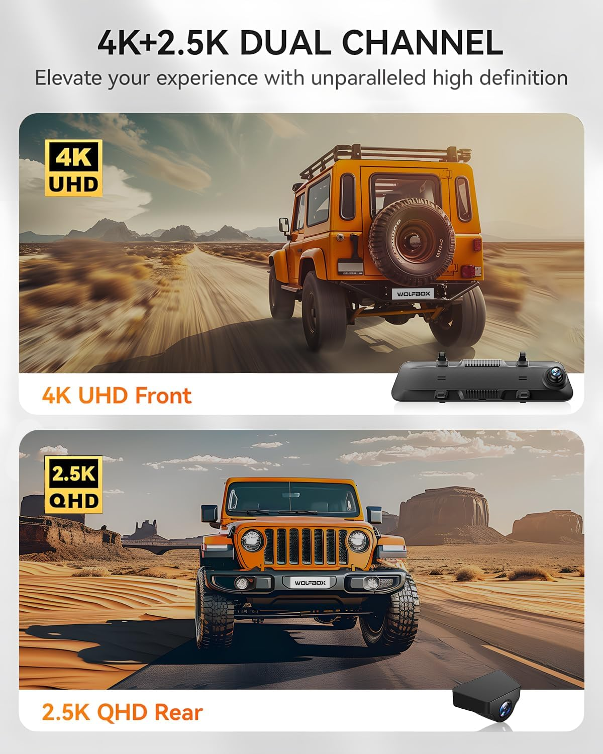 WOLFBOX 12" Rear View Mirror Dash Cam, 4K Mirror Dash Cam with 2.5K Rear Camera, Smart Full Touch Screen Backup Camera for Car, Dash Cam with WDR Camera,Night Vision,Free 64GB Card & GPS image number 3