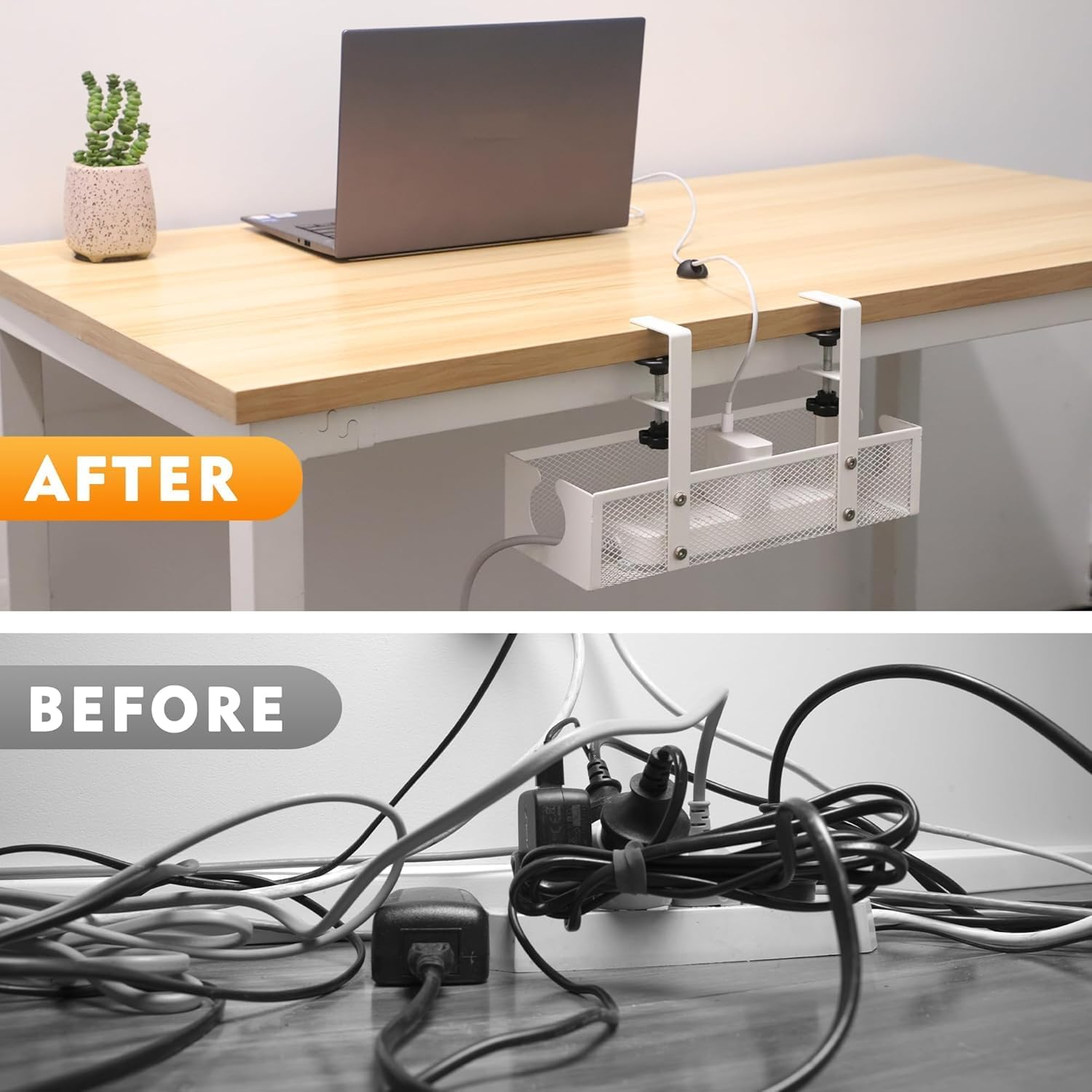 Under Desk Cable Management Tray No Drill Cable Management Box with Clamp for Wire Organizer under Table Wire Management Tray Cord Organizer Rack Basket for Office & Home Standing Desk White image number 3