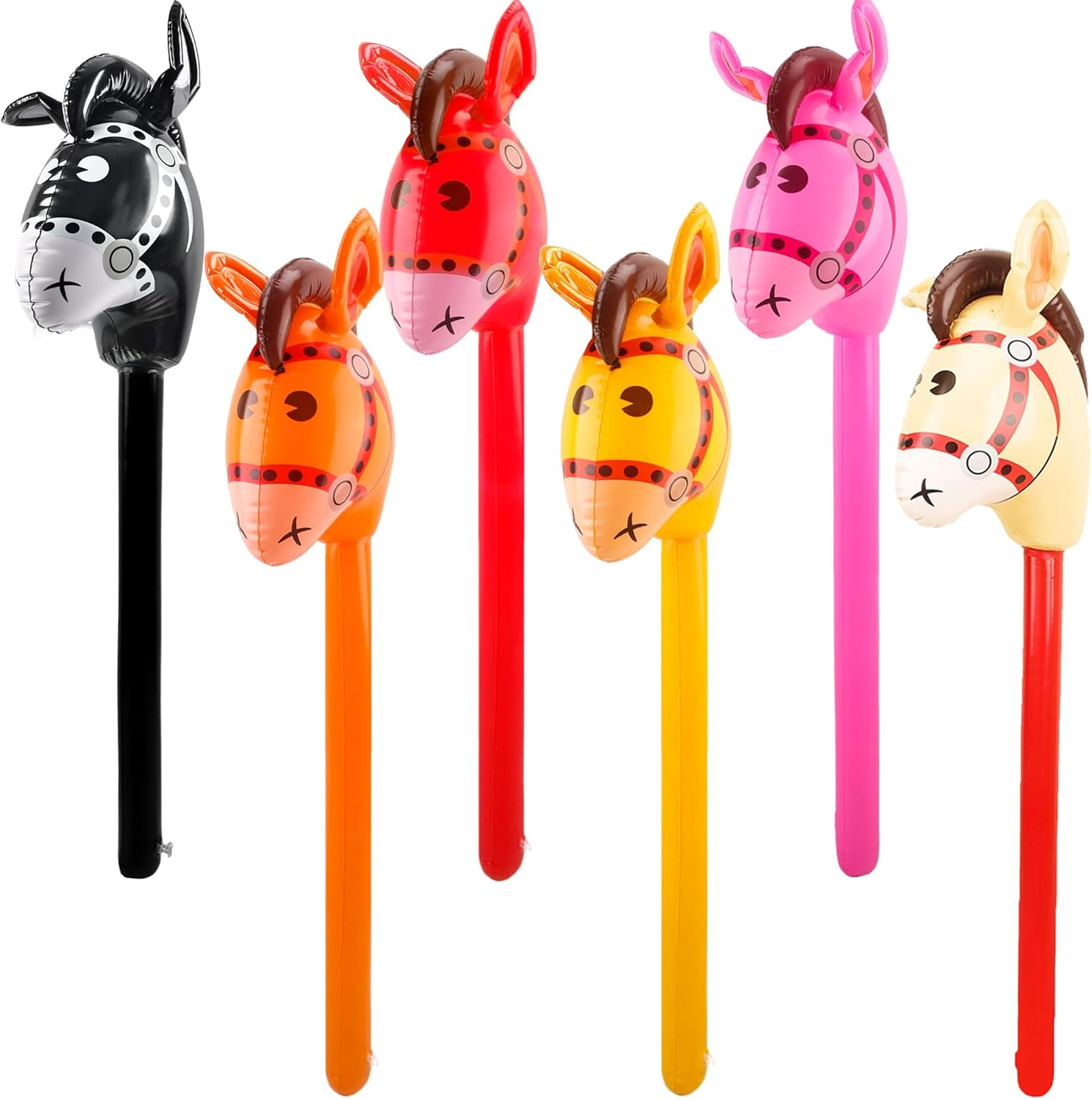 6 Pack 40 Inch Inflatable Horse Stick Cute Horsehead Stick Balloon Colorful Inflatable Horsehead Stick Blow up Pony Stick Toys for Christmas Cowboy Cowgirl Horse Theme Party Decor (Color Set 2)