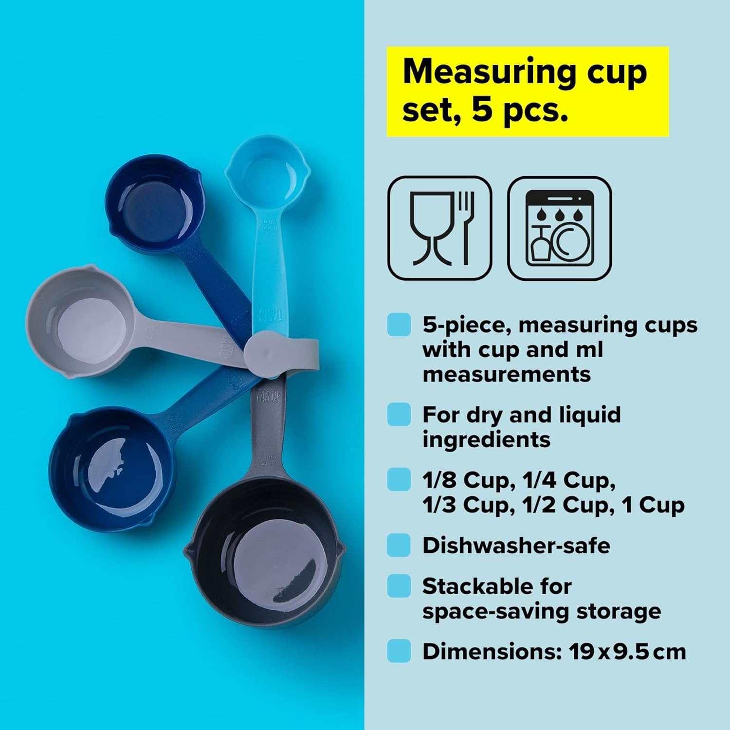 Tasty 5-Piece Measuring Cups Set for Baking, Nesting Plastic Cups, Light Blue, Blue, Grey - 1/8, 1/4, 1/3, 1/2, 1 Cup - Blue/Grey image number 7
