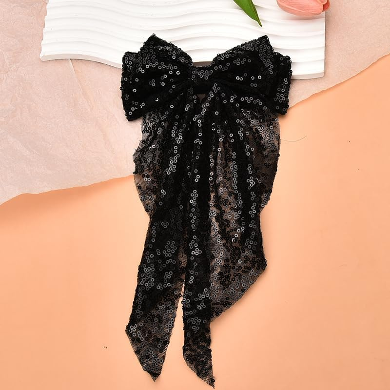 Big Sequin Black Hair Bow Clips Glitter Bows for Hair Ribbon Bow-Knot Hair Clips Barrettes Headwear Disco Festival Party Hair Accessories for Women image number 1