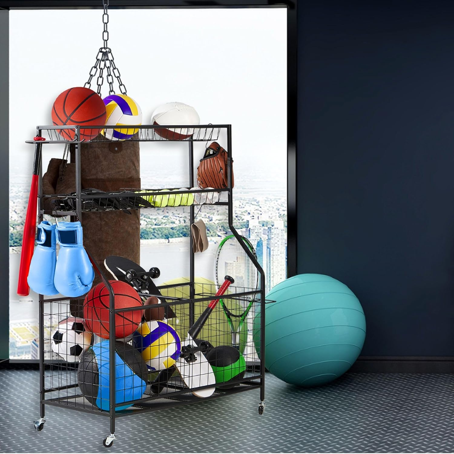 LUGO Heavy-Duty Garage Sports Equipment Organizer with Wheels, Indoor/Outdoor Ball Storage Rack with Baskets and Hooks, Ball Holder with Lockable Wheels, for Home, Garage, Kids Toys, Sports Gear image number 2