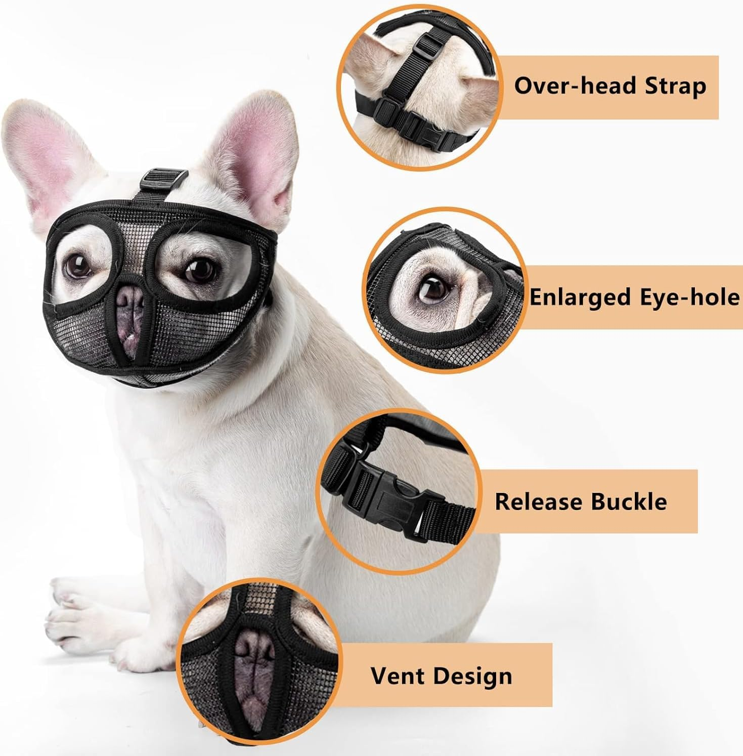 Short Snout Dog Muzzle, Adjustable Won&rsquo;T Cover Eyes Mesh Bulldog Muzzle for Biting Chewing Licking (Black, M) image number 3