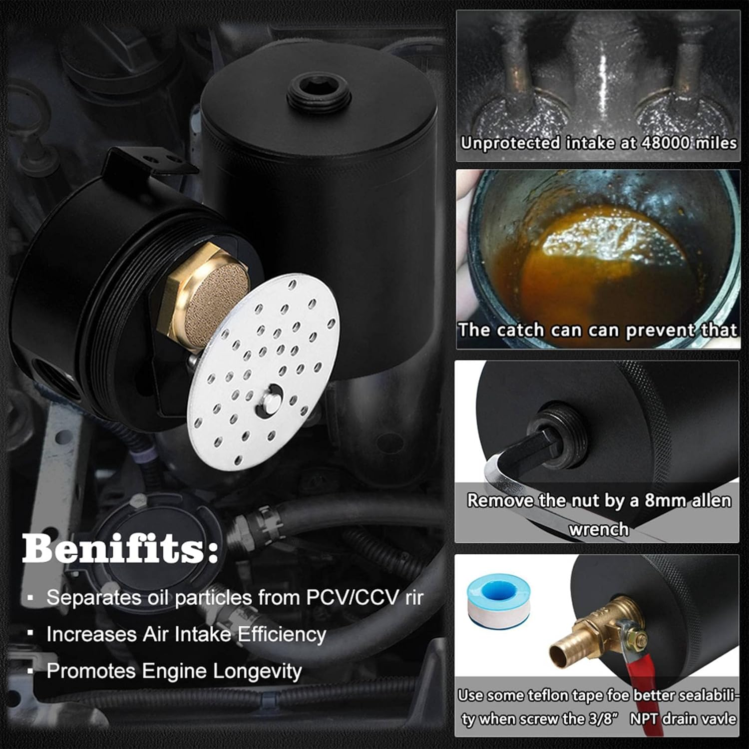 Universal Oil Catch Can Compact Baffled 2-Port Aluminum Reservoir Oil Catch Tank with Drain Valve Tank Parts image number 2