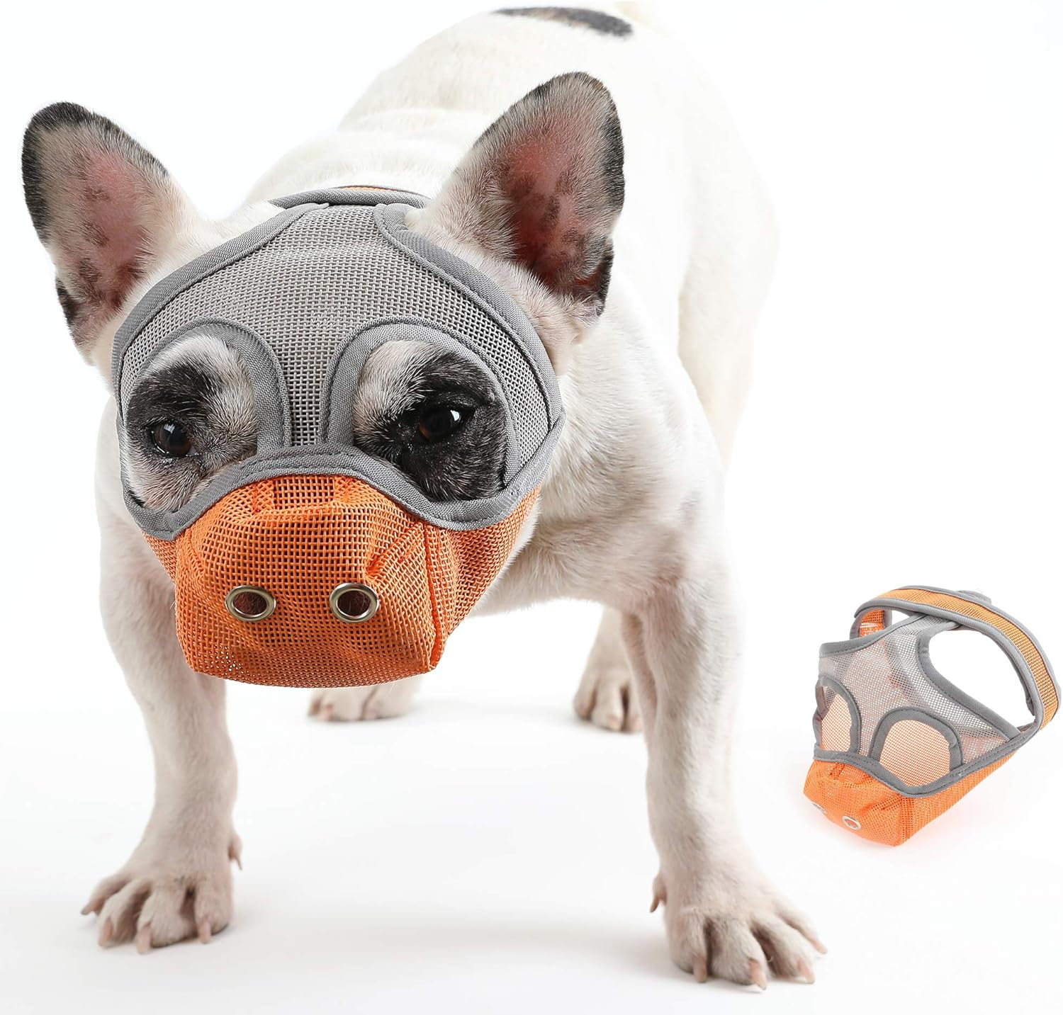 Short Snout Dog Muzzle - Adjustable Breathable Mesh for Bulldogs, Anti-Biting and Training, Can Stick Out Tongue and Drink Water (S 15.3"-16.1", Grey)