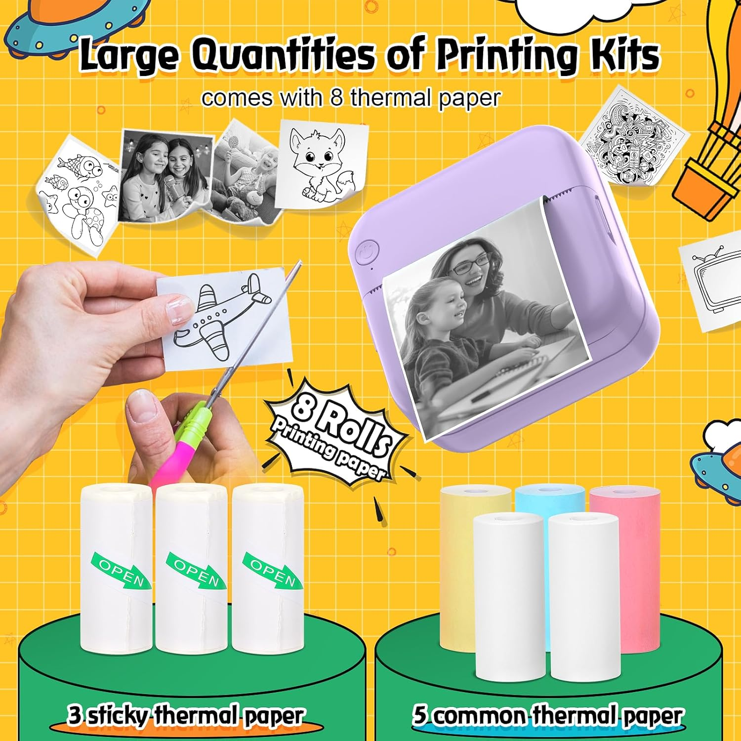 QYCHHJ Mini Sticker Printer for Iphone/Android/Tablet, Bluetooth Mini Pocket Printer Portable with 8 Rolls Thermal Paper, Inkless Thermal Printer for Study Notes Journal Memo Photo Picture, Purple