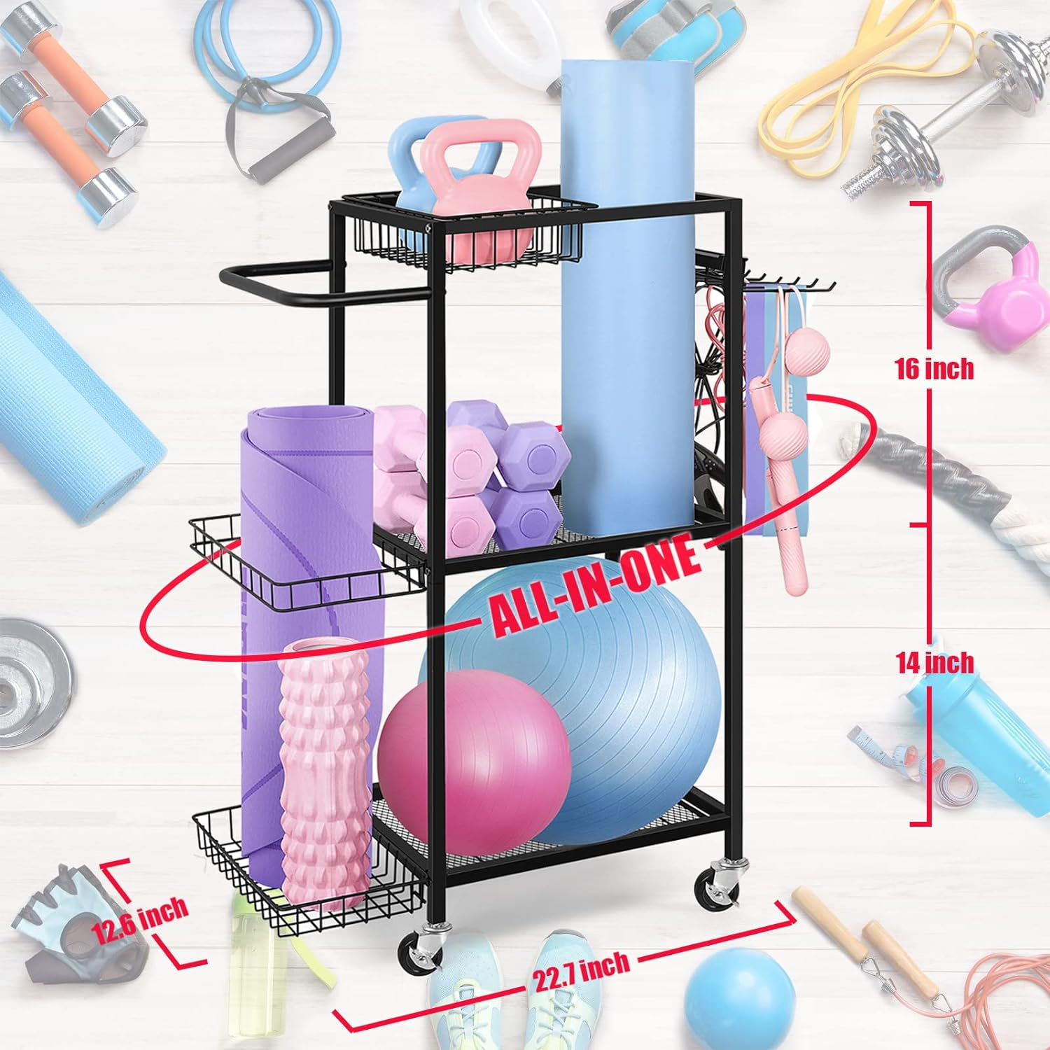 LIANTRAL Dumbbell Rack, Yoga Mat Storage Rack, Workout Equipment Storage Rack for Dumbbells Kettlebells Yoga Mat and Balls, Home Gym Storage Organizer with Hooks and Wheels image number 3