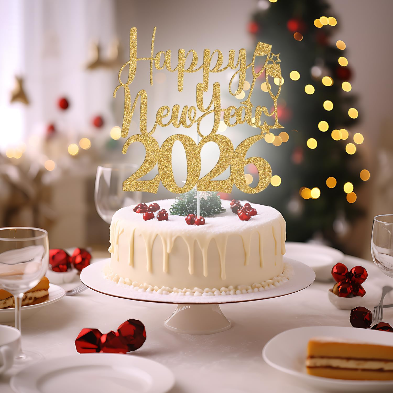 Happy New Year 2025 Cake Topper, Happy New Year Cake Decorations, Welcome 2025, Hello 2025, Christmas Holiday New Years Eve Party Decorations, Gold Glitter image number 5
